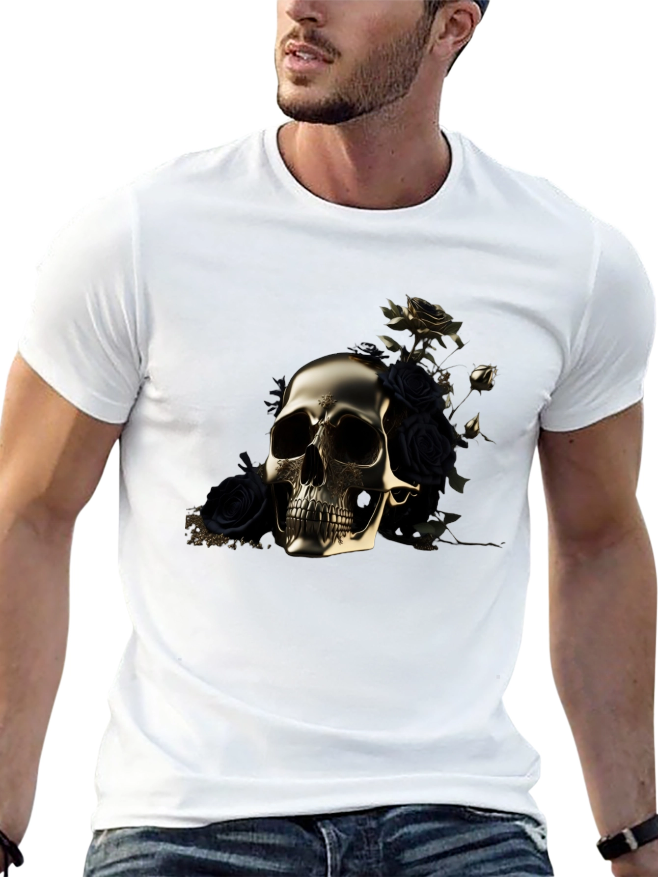 Black Golden Skull & Roses Graphic Tee view 13