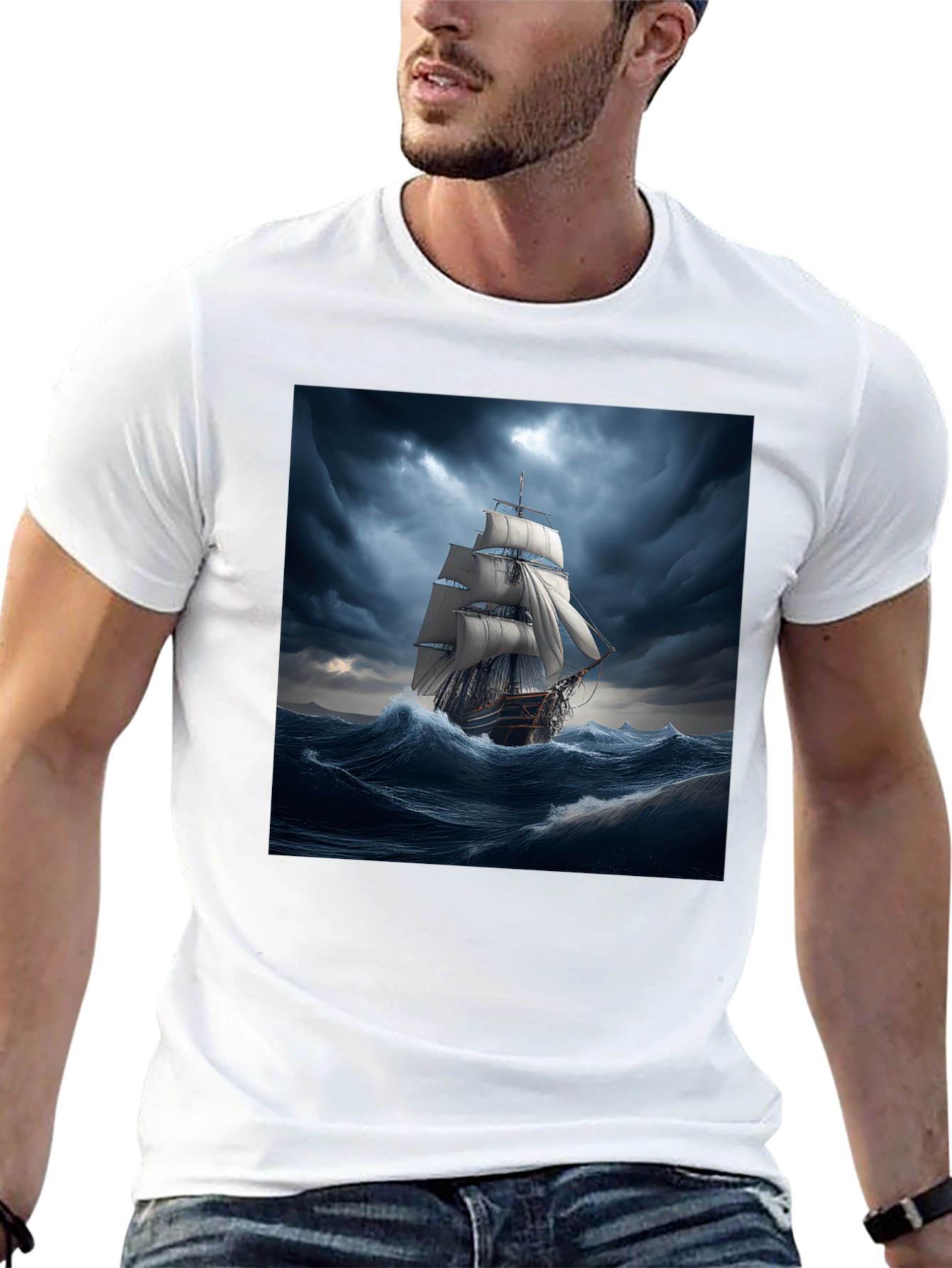 Black Nautical Storm Ship Graphic Tee - Black Cotton Blend view 13