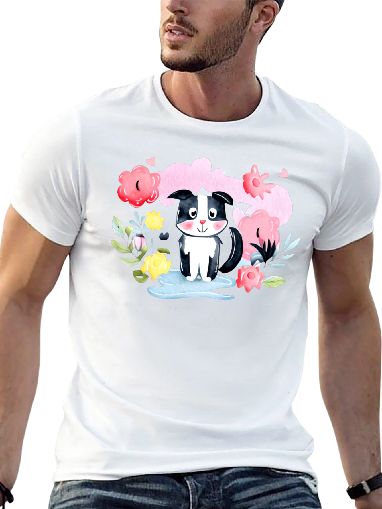 Black Cute Skunk in Watercolor Floral T-Shirt view 13