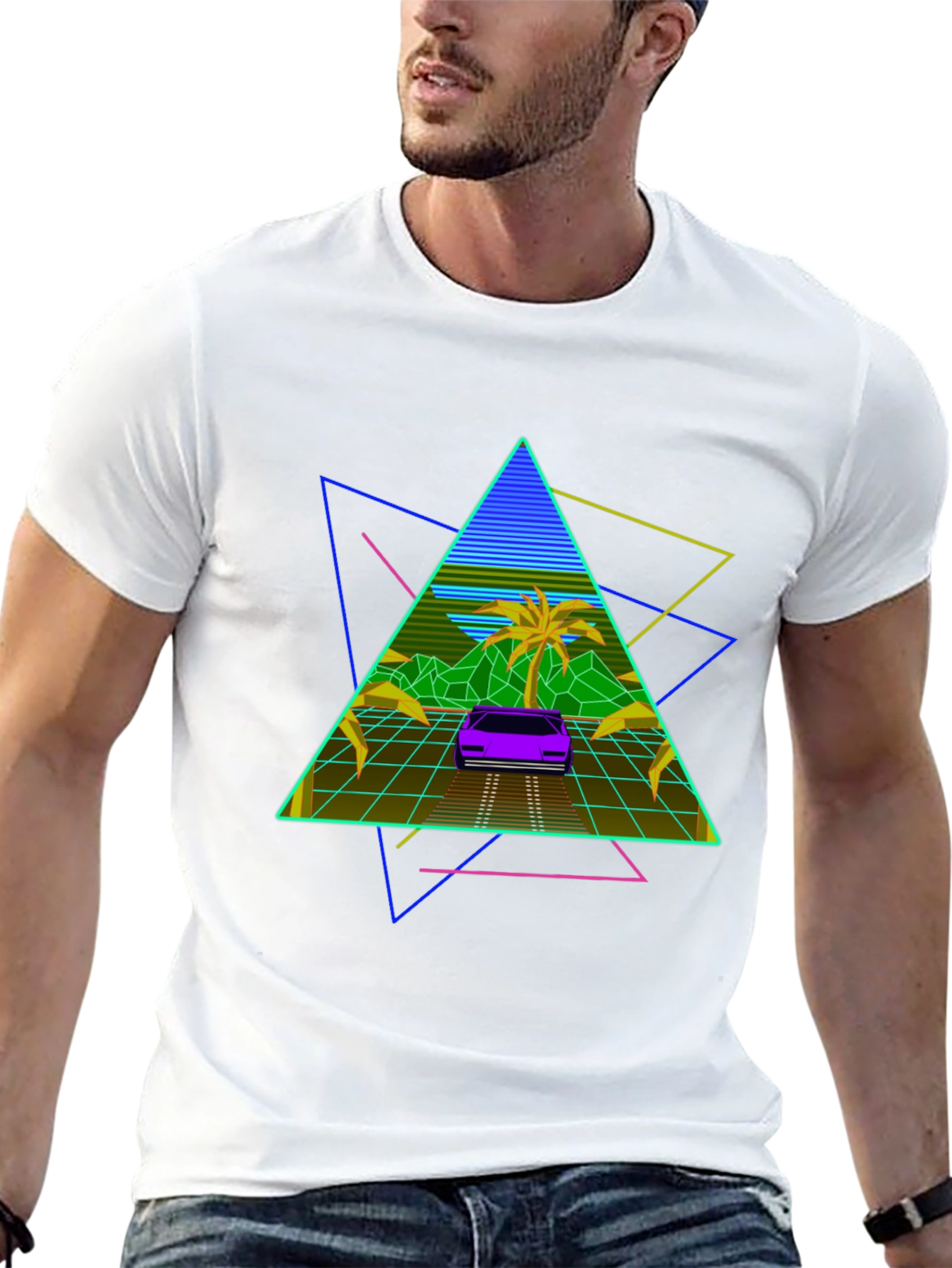 Black Retro Wave T-Shirt: 80s Style Car & Triangle Design view 13