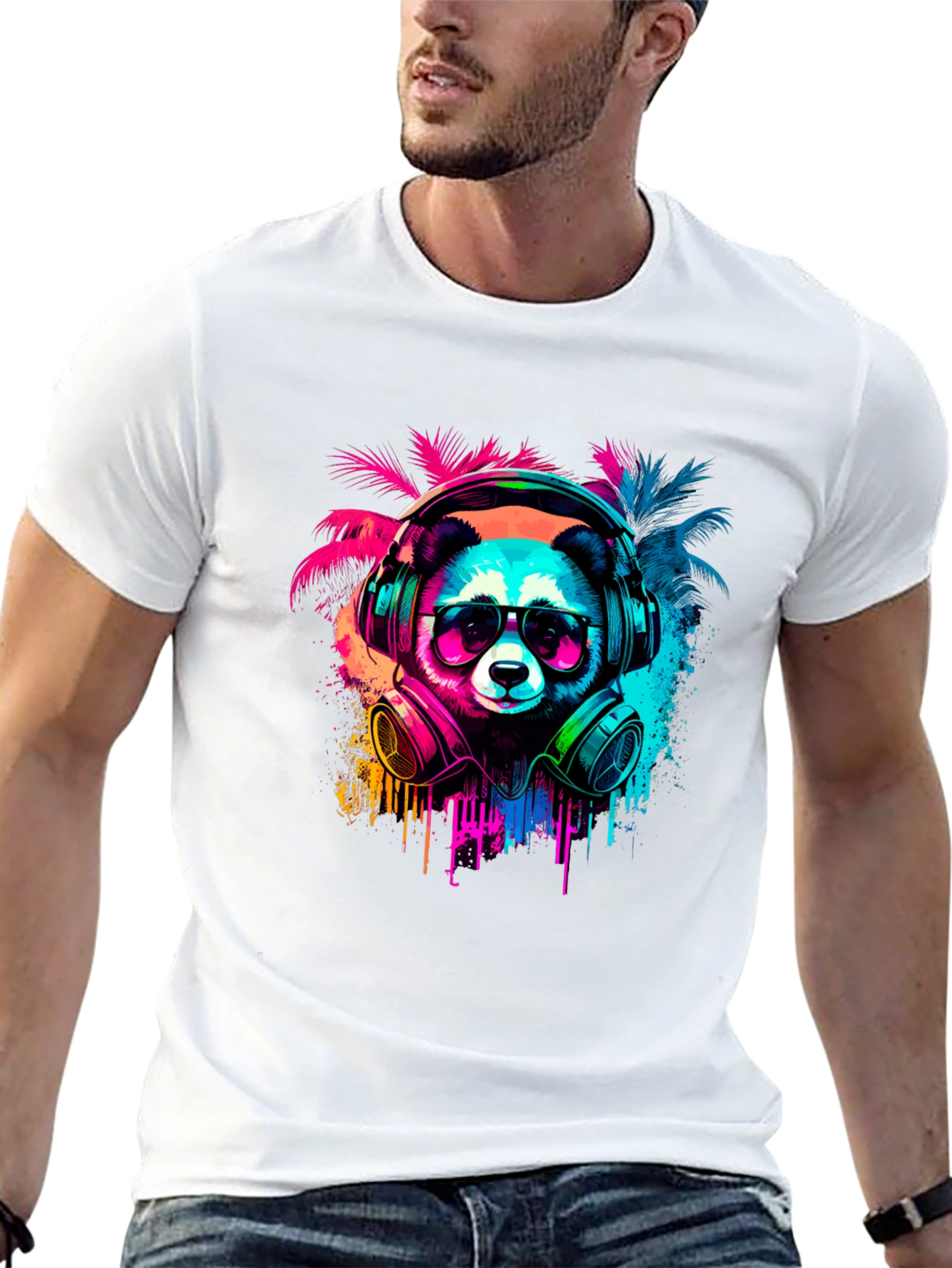 Black Neon Panda Headphones Graphic Tee view 13