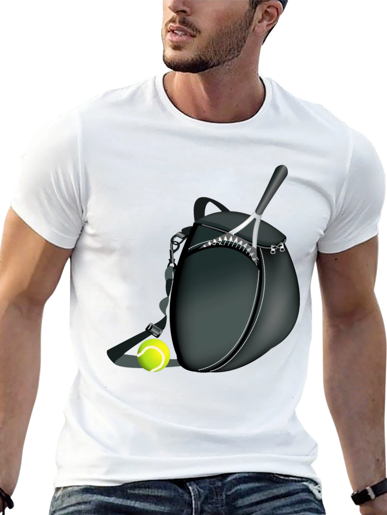 Black Tennis Racket & Ball Graphic Tee - Sporty Casual Style view 13