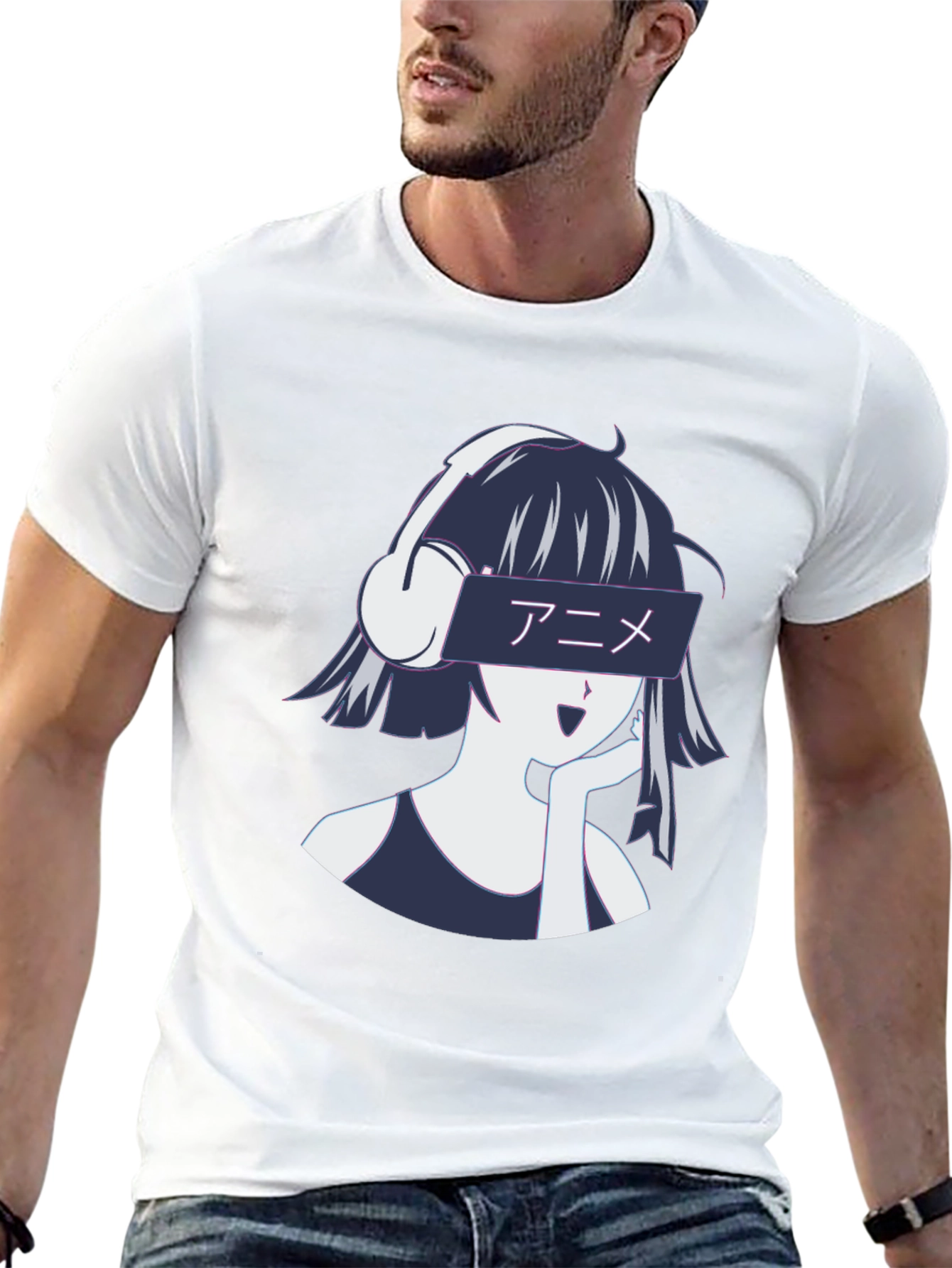 Black Anime Girl Headphones Graphic T-Shirt - Stylish Casual Wear view 13