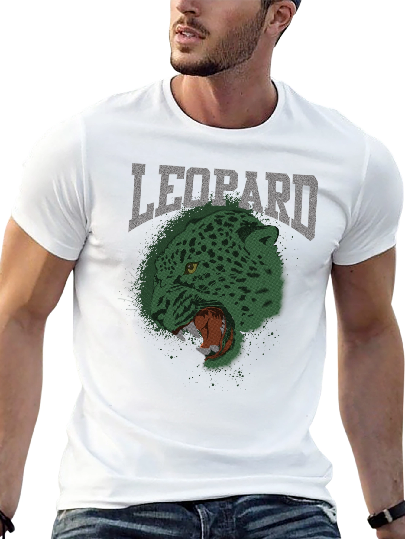 Black Men's Leopard Graphic Print Crew Neck T-Shirt view 13