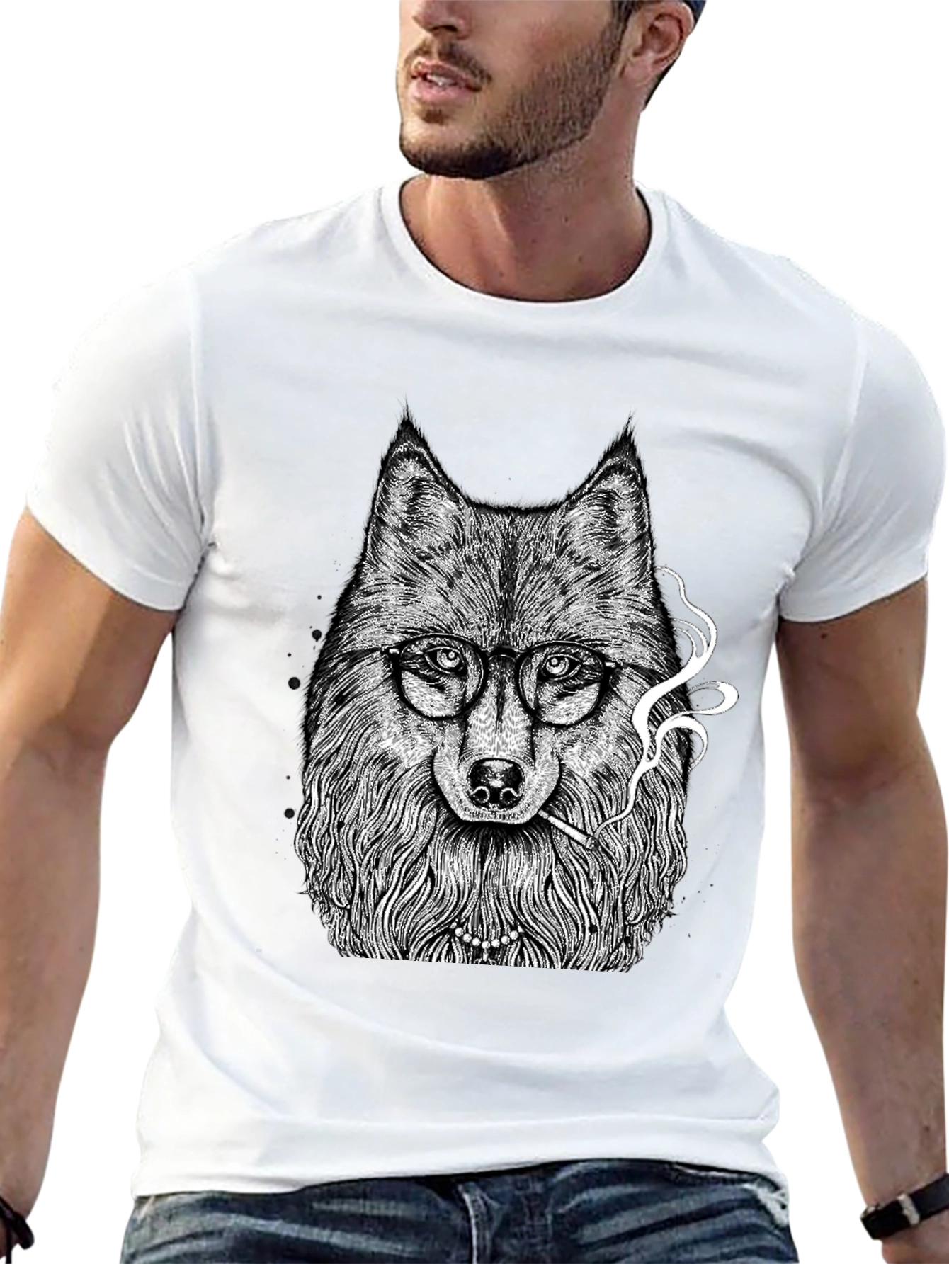 Black Wolf with Glasses Graphic Tee - Black view 13