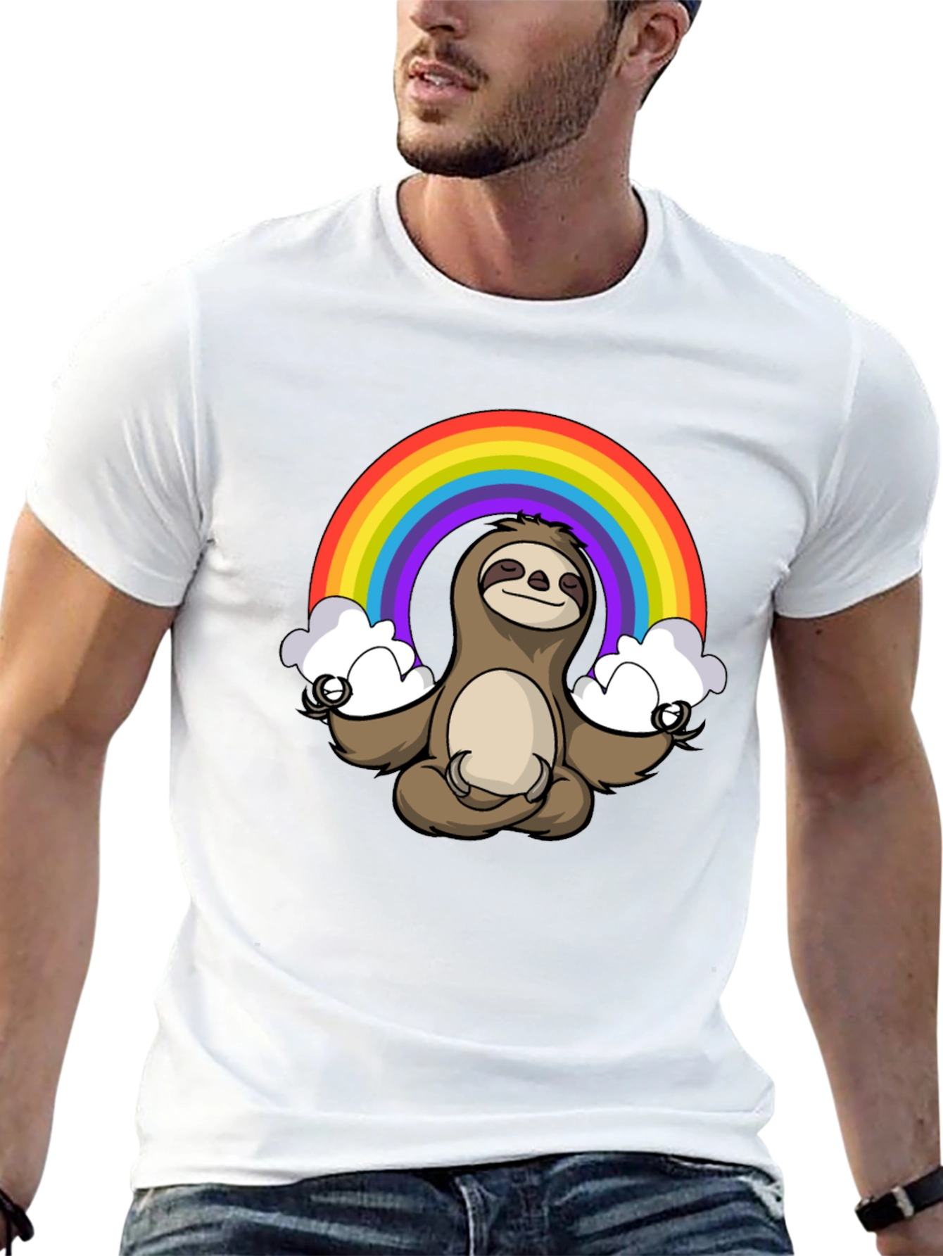 Black Meditating Sloth Rainbow T-Shirt - Relaxed Zen Style view 13