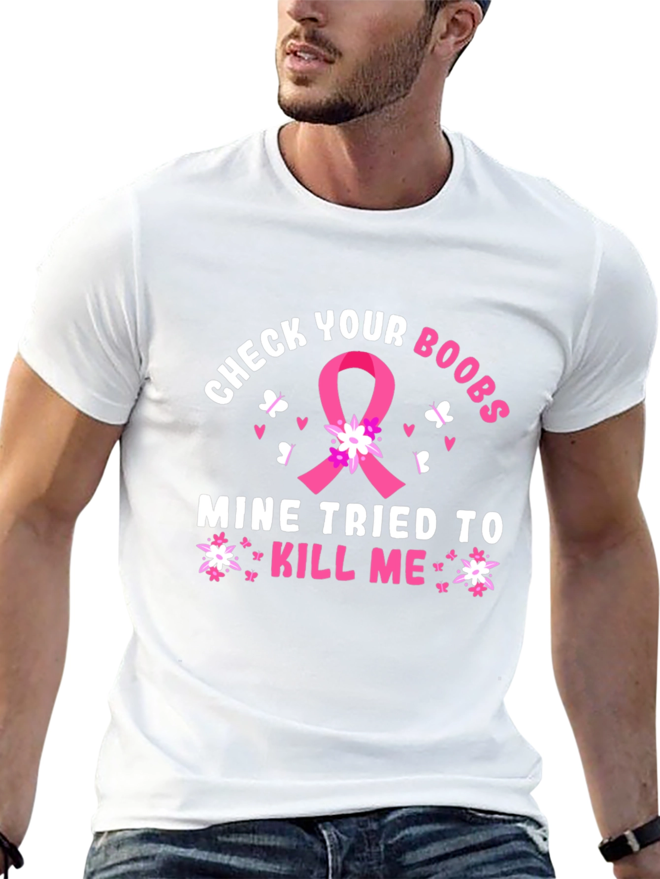 Black Check Your Boobs Breast Cancer Awareness T-Shirt view 13