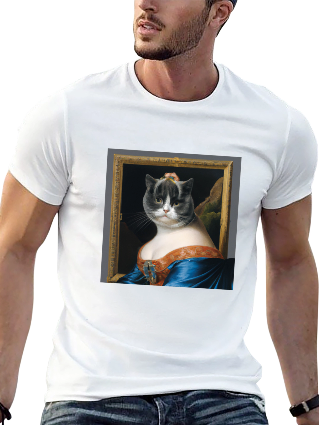 Black Mona Lisa Cat Portrait Graphic Tee - Black Cotton T-Shirt view 13