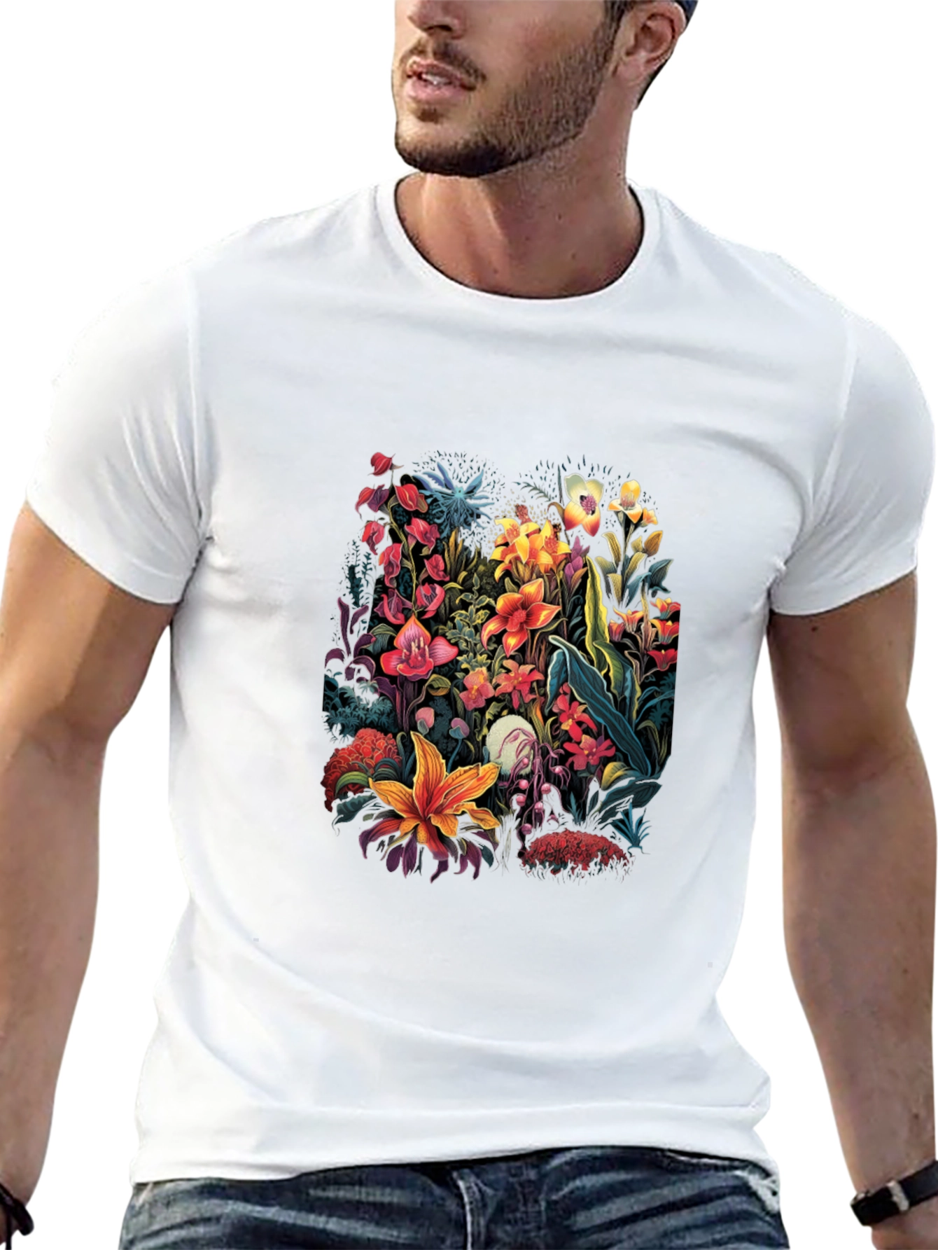 Black Floral Print T-Shirt - Botanical Design view 13