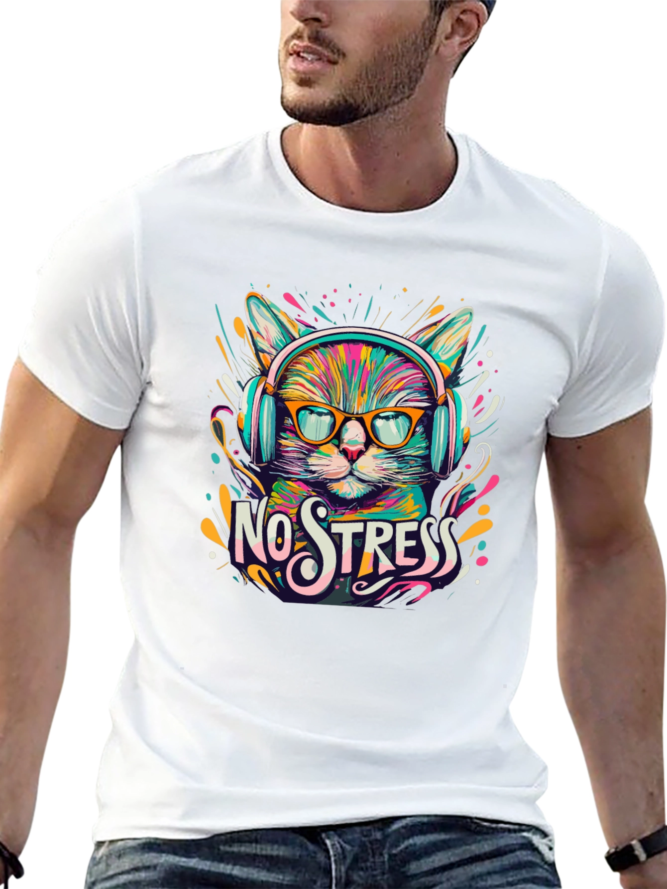 Black No Stress Cat T-Shirt view 13