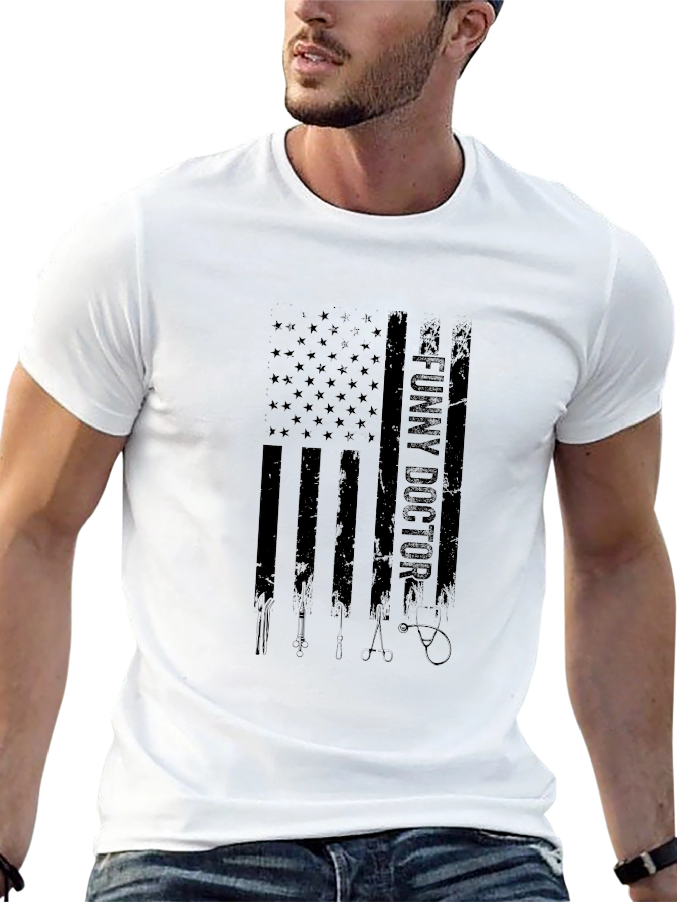 Black Funny Doctor American Flag Black T-Shirt view 13