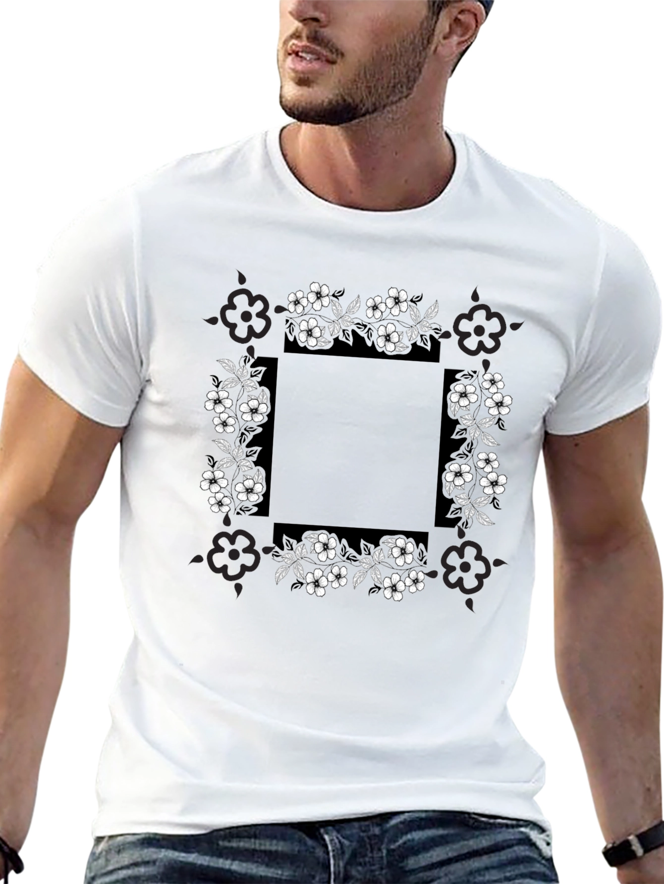 Black Floral Border Graphic Print T-Shirt view 13
