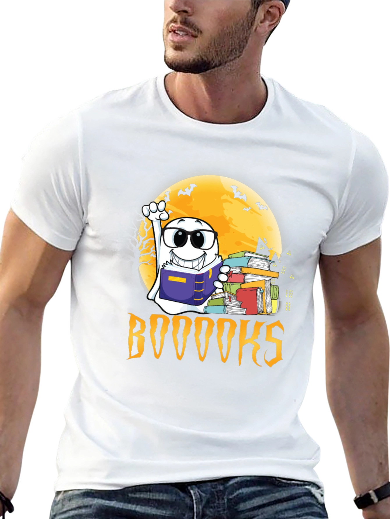 Black Halloween Ghost Reading BOOOOOKS T-Shirt view 13