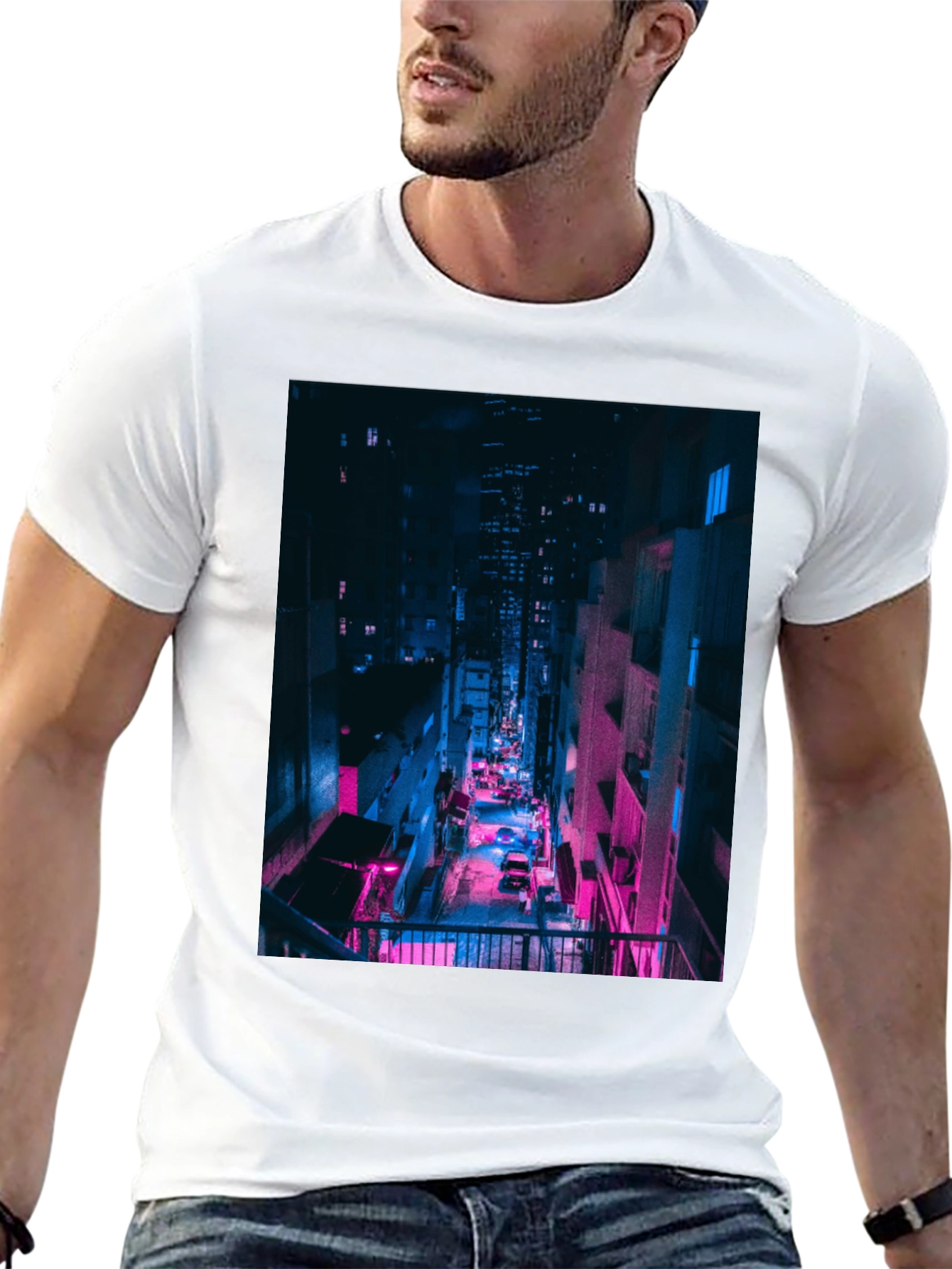 Black Cyberpunk Cityscape Black T-Shirt view 13