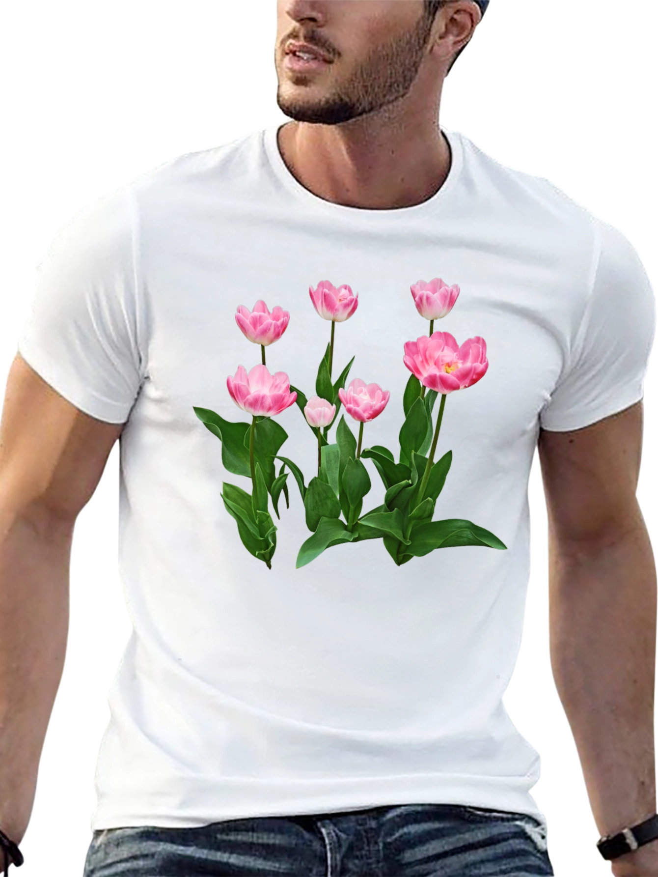 Black Floral Print T-Shirt - Pink Tulip Design view 13