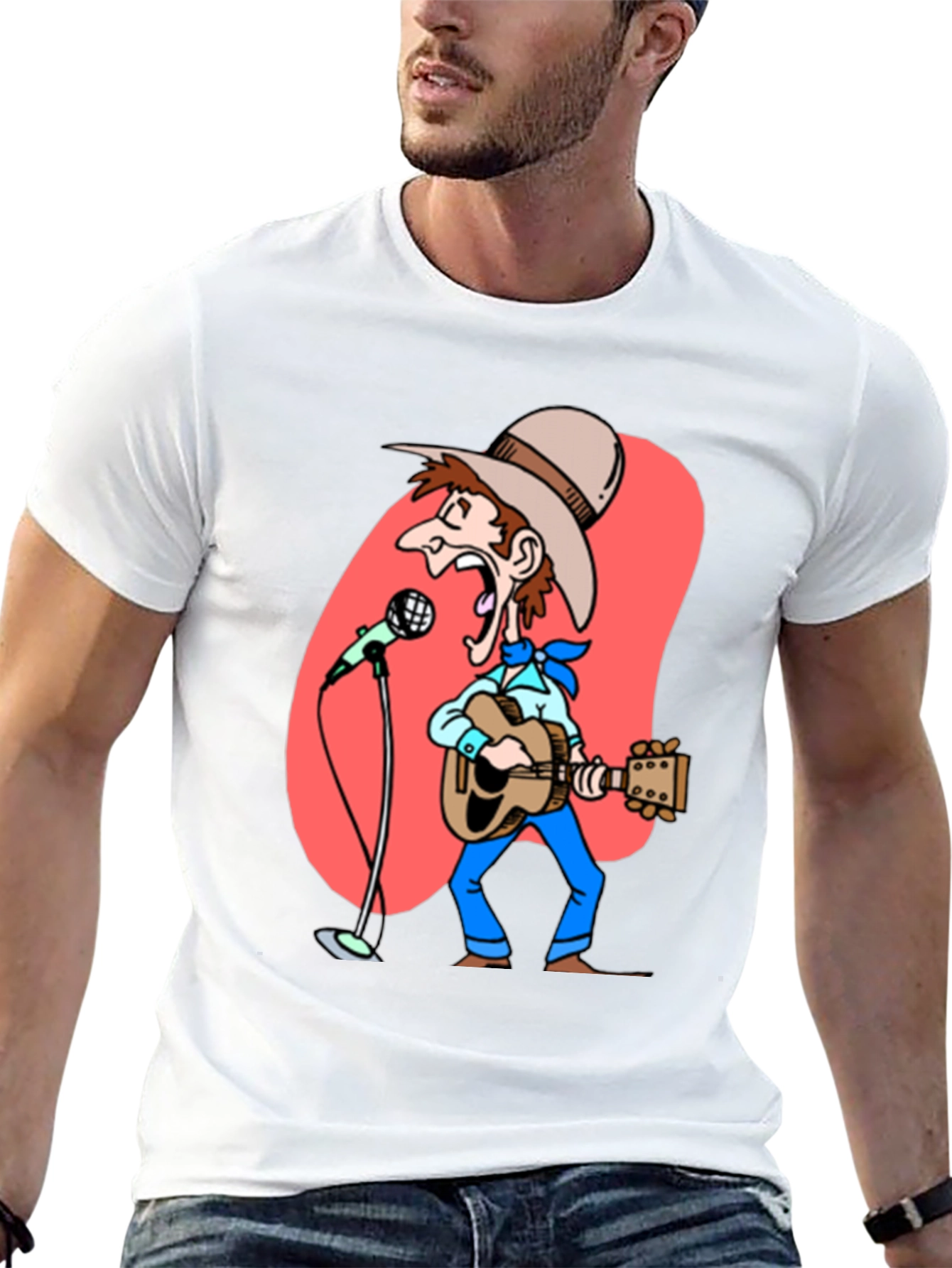 Black Cartoon Cowboy T-Shirt - Guitar & Microphone Graphic view 13