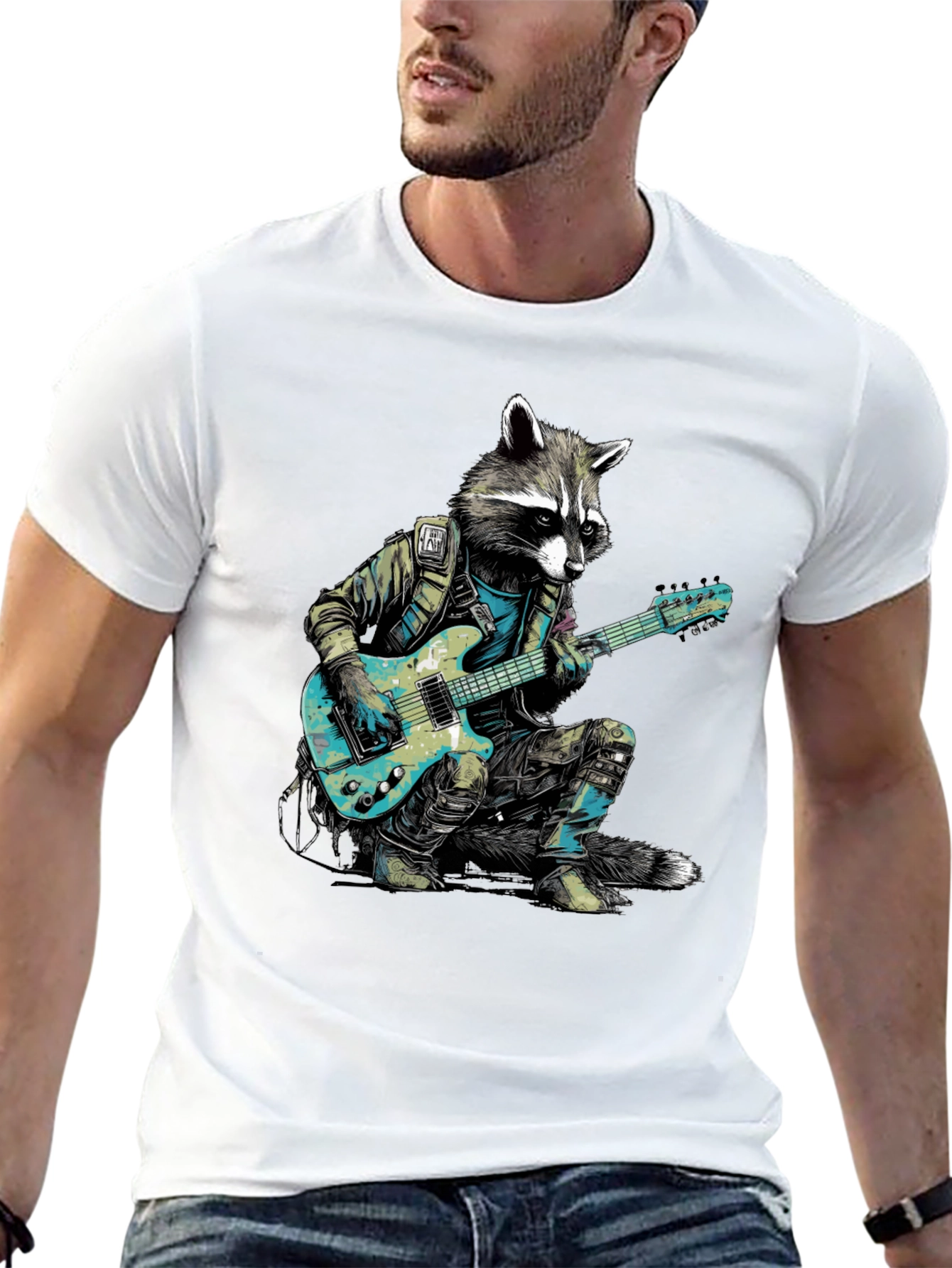 Black Raccoon Rocker Graphic Tee - Cool Animal Guitar T-Shirt view 13