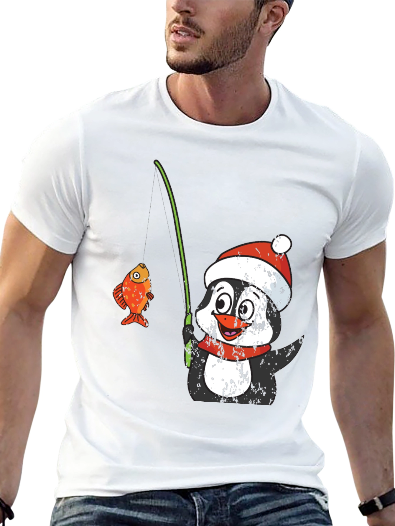 Black Penguin Fishing T-Shirt - Festive Holiday Wear view 13