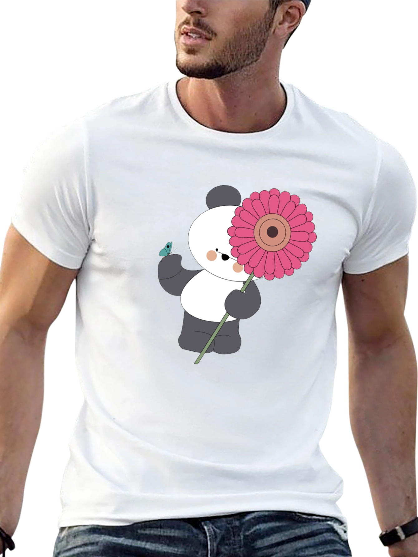 Black Panda with Flower Graphic Black T-Shirt view 13