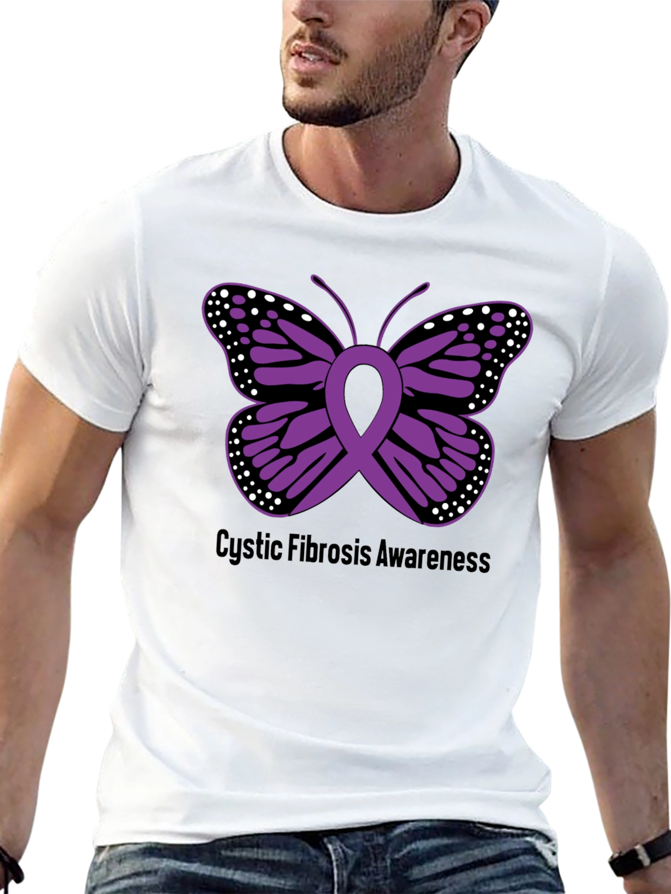 Black Cystic Fibrosis Awareness Butterfly Ribbon T-Shirt view 13