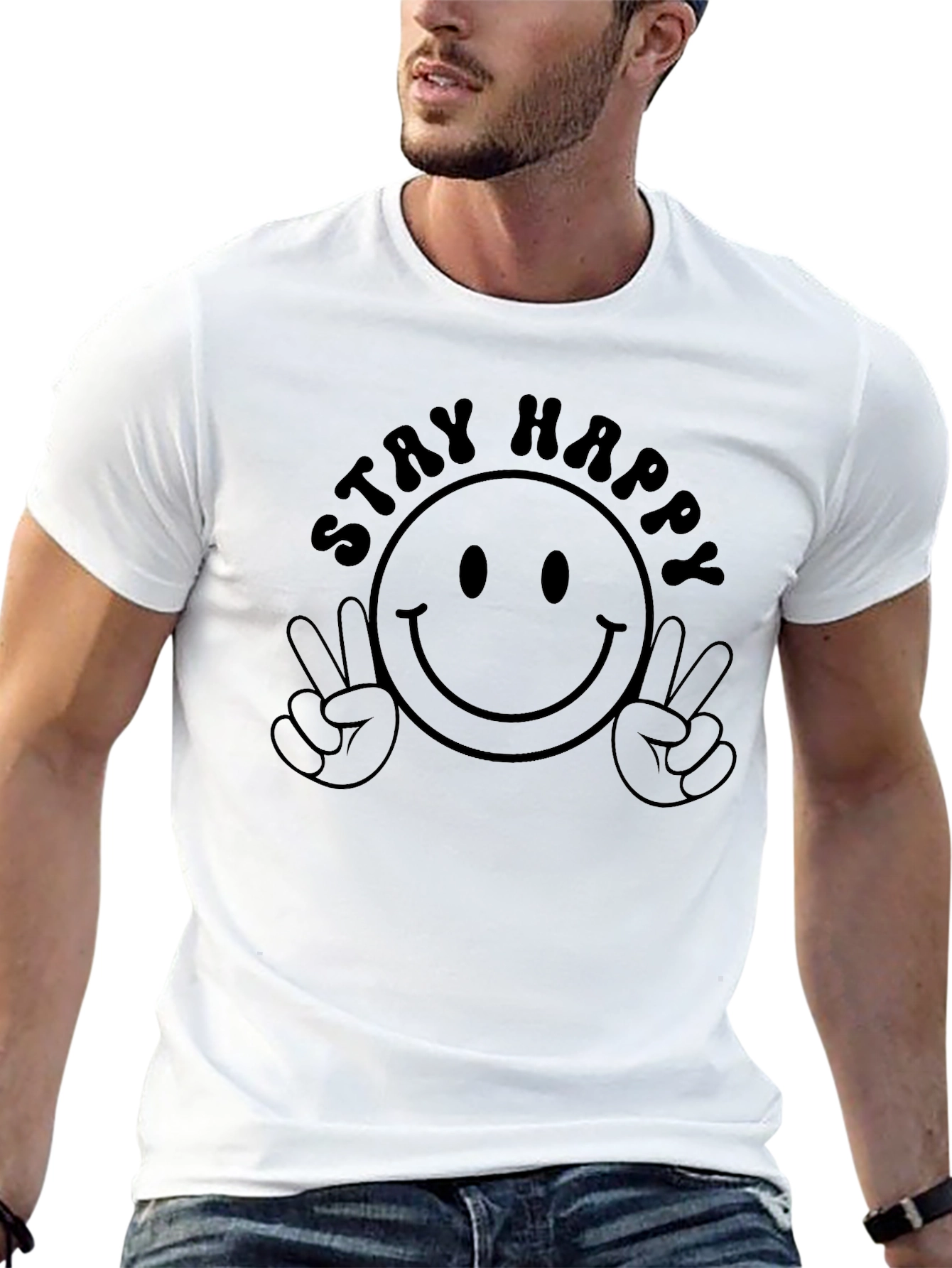 Black Stay Happy Graphic Tee - Unisex Black T-Shirt view 13