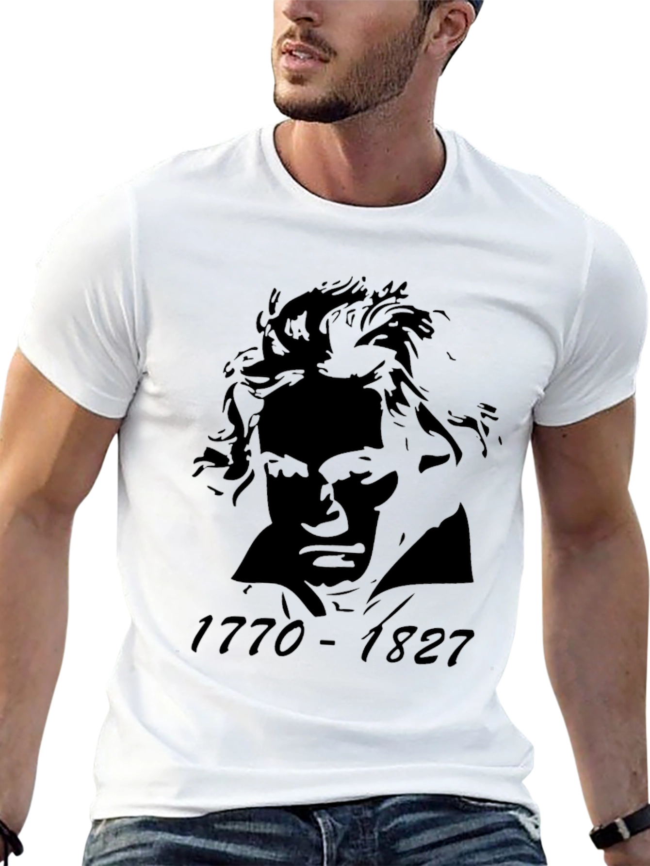 Black Beethoven Portrait Graphic Tee - Black Cotton Blend T-Shirt view 13