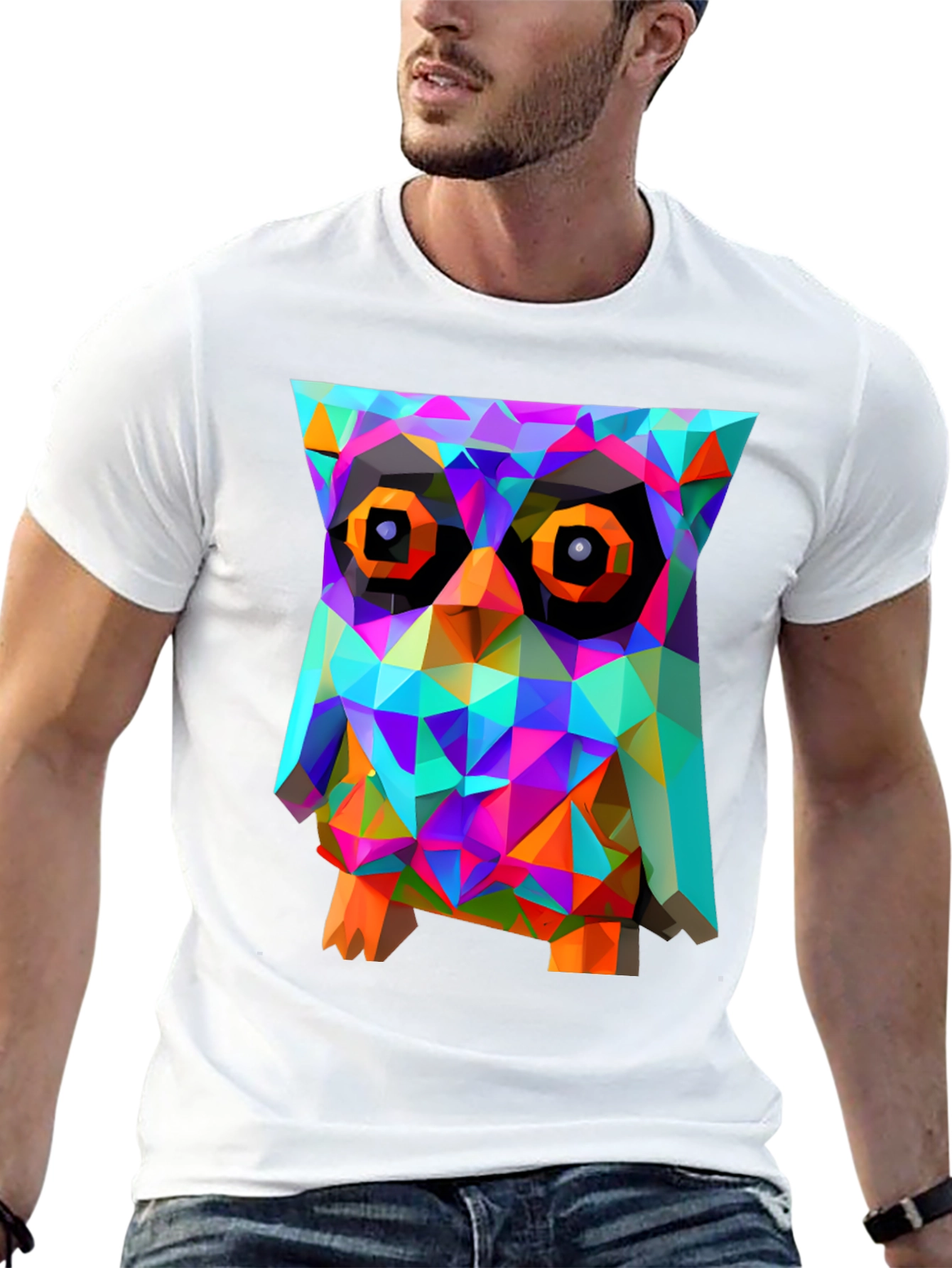 Black Geometric Owl Graphic Print T-Shirt - Black view 13
