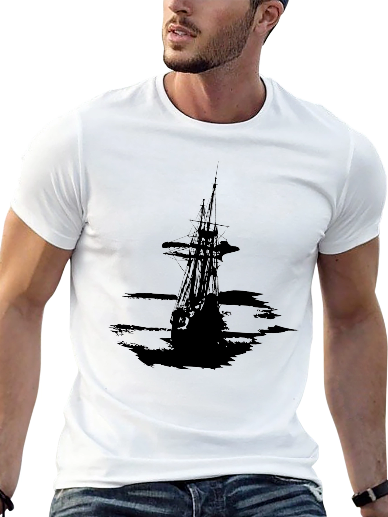 Men's Black T-Shirt with Pirate Ship Graphic - 13