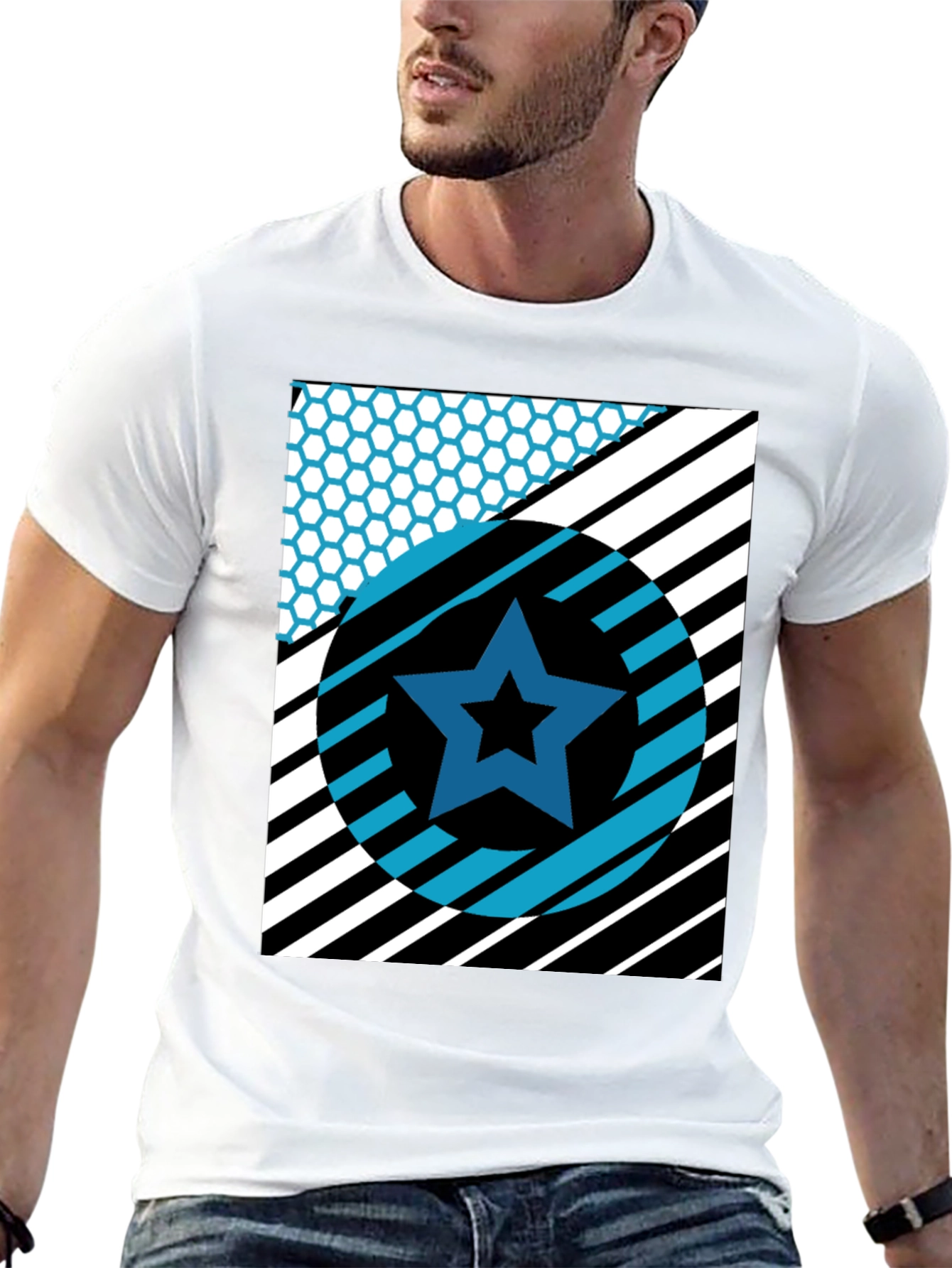 Black Geometric Star Graphic Tee - Black Cotton T-Shirt view 13