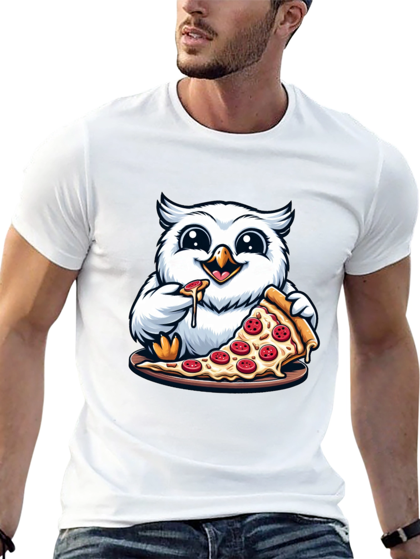 Black Owl Pizza Lover T-Shirt - Cute Cartoon Graphic Tee view 13
