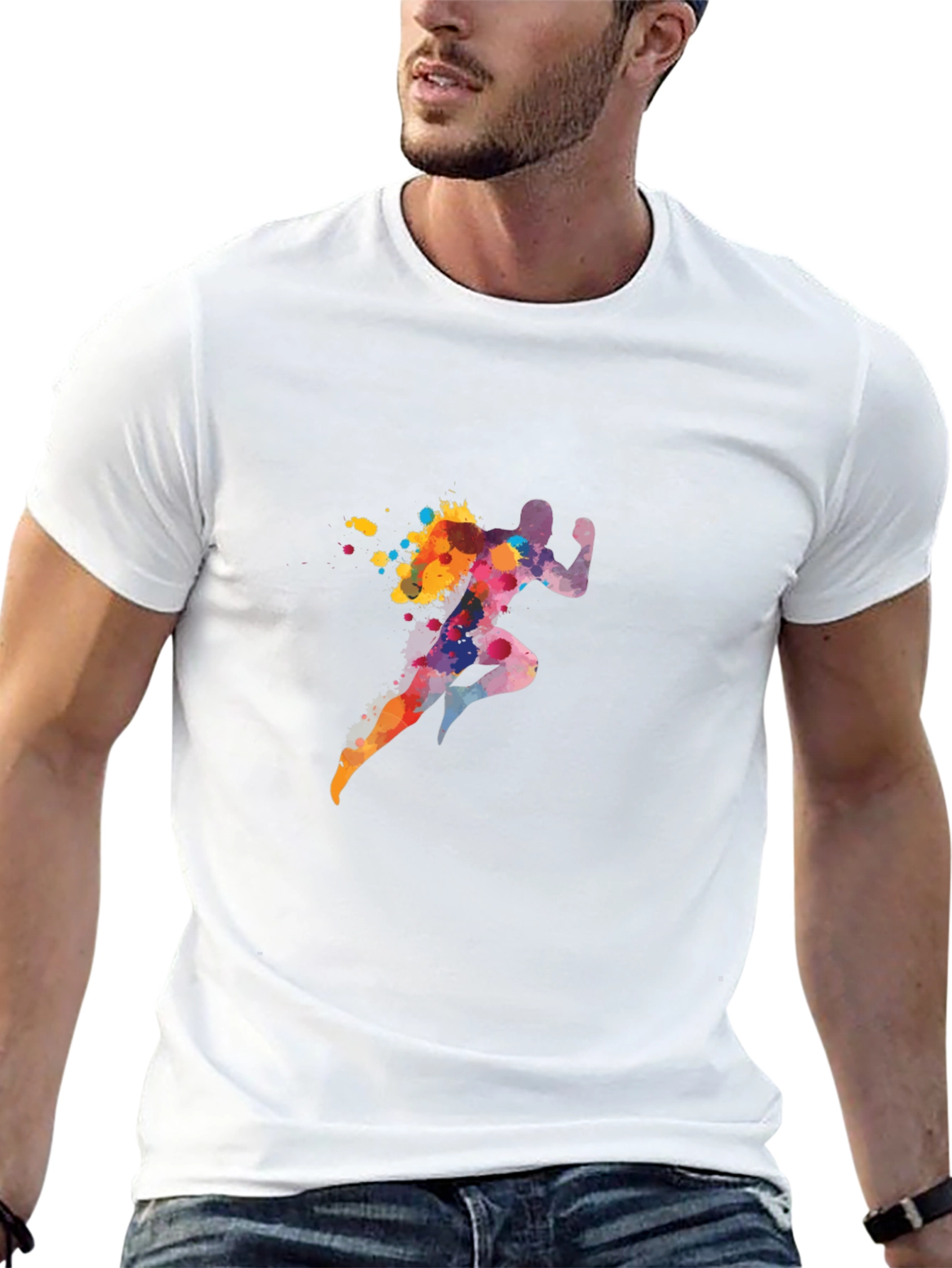 Black Men's Black T-Shirt with Colorful Running Man Graphic view 13