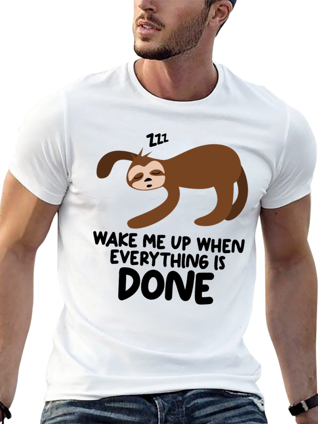 Black Lazy Sloth 'Wake Me Up When Done' Black T-Shirt view 13