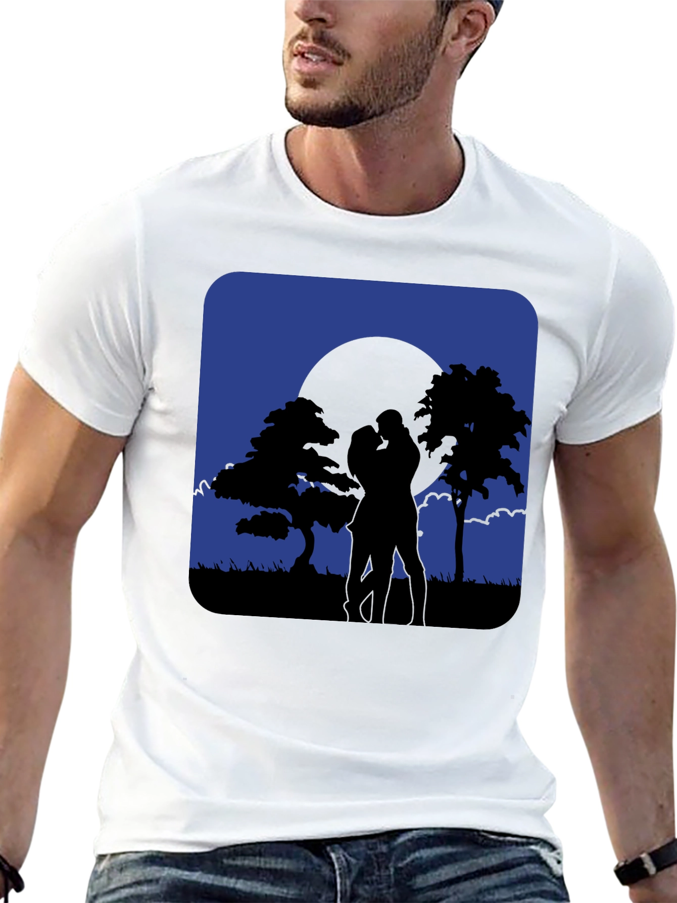 Black Romantic Moonlight Kiss Silhouette T-Shirt view 13