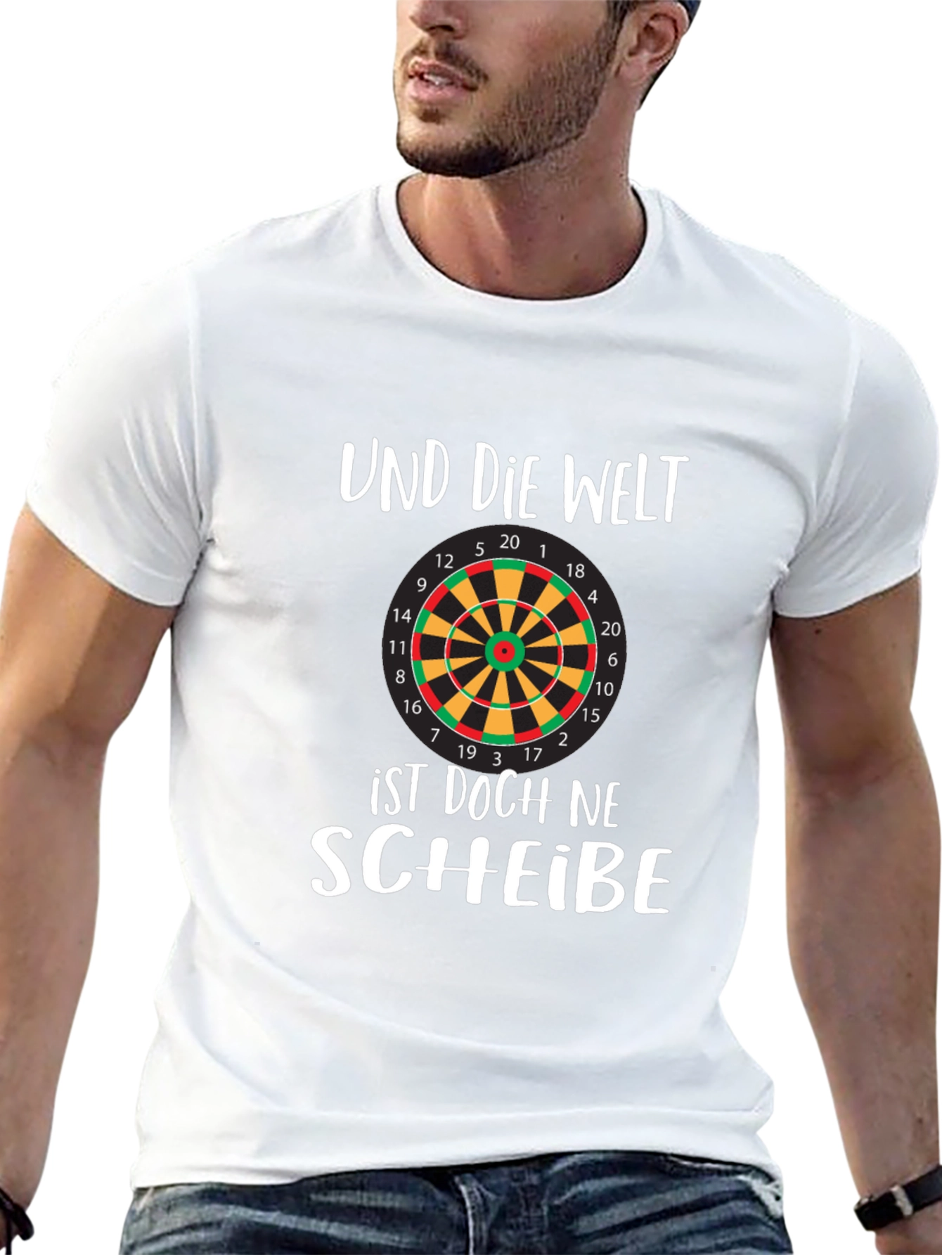 Black Humorous Dartboard T-Shirt - 'Und Die Welt' Design view 13