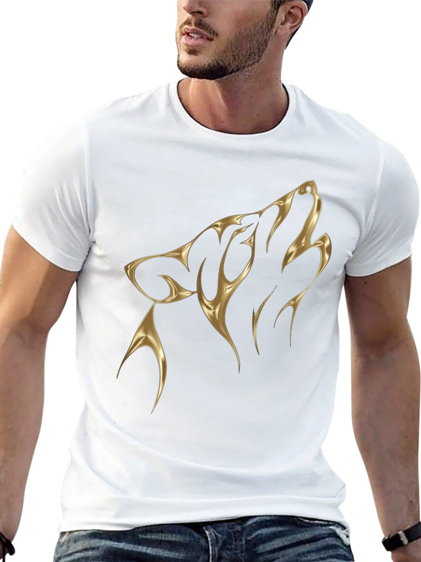 Black Men's Black T-Shirt with Golden Wolf Design view 13