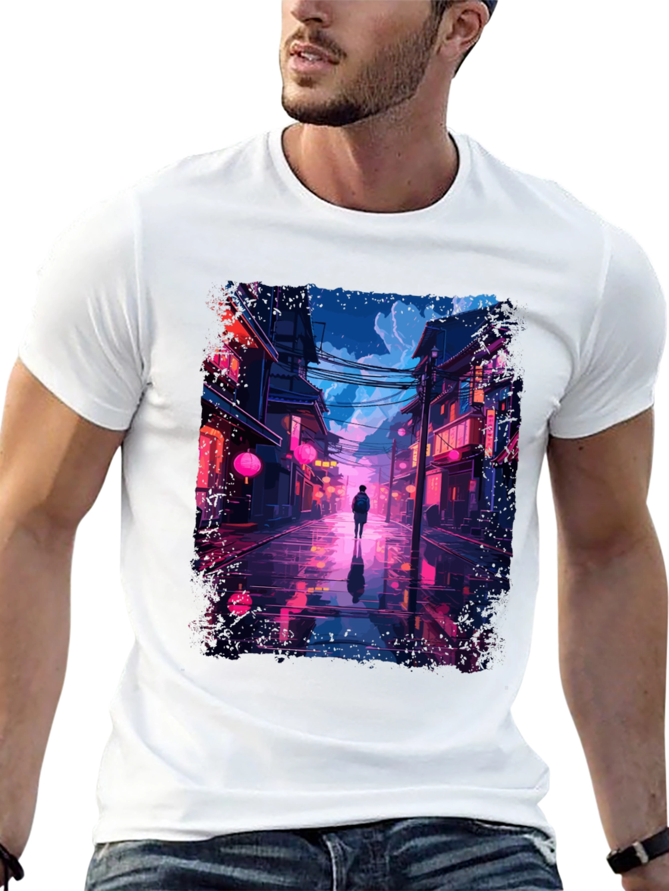 Black Neon Cityscape T-Shirt - Stylish Streetwear view 13