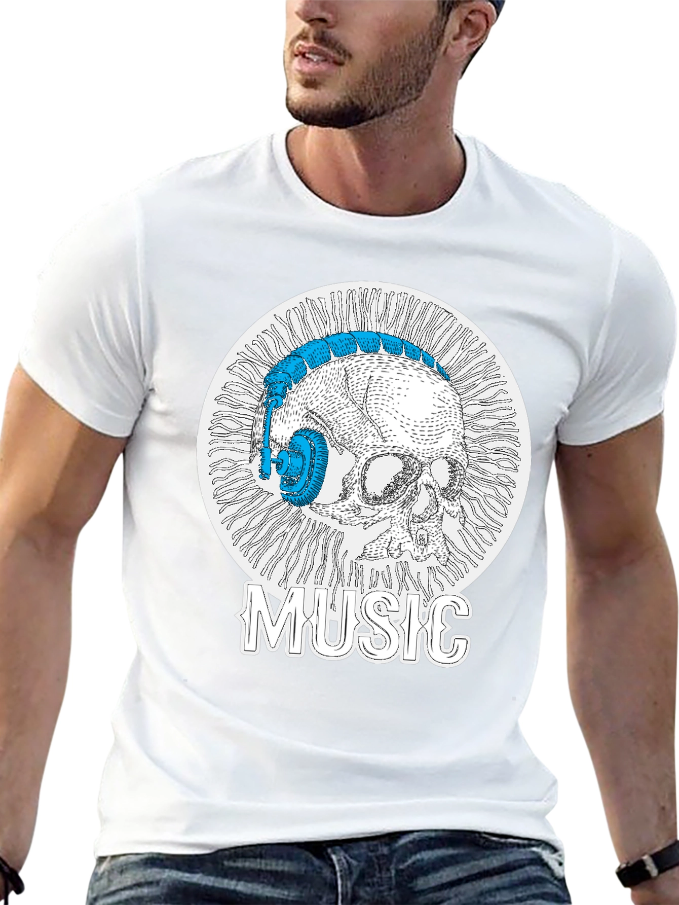 Black Skull Music Headphones T-Shirt - Cool Graphic Tee view 13