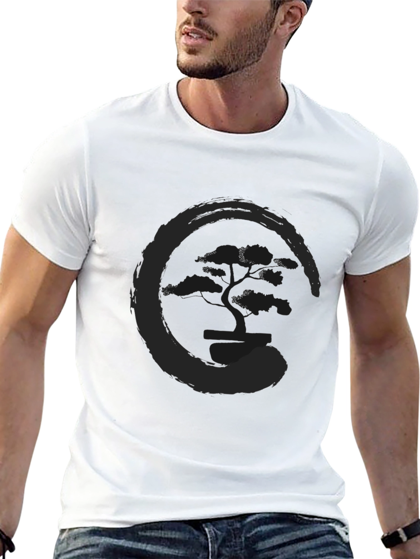 Black Men's Black T-Shirt with Tree Enso Circle Graphic view 13