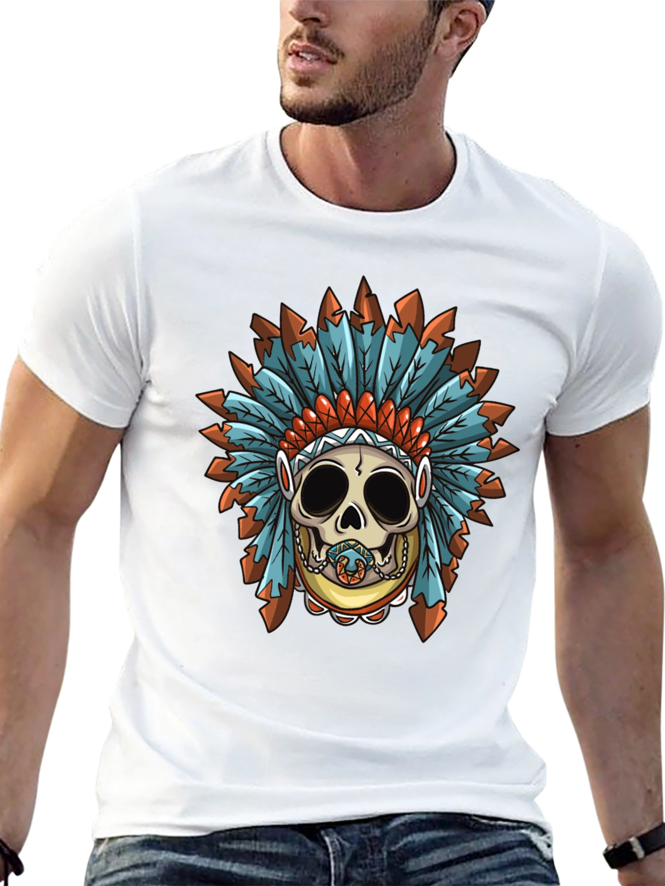Black Skull Indian Headdress Graphic T-Shirt view 13