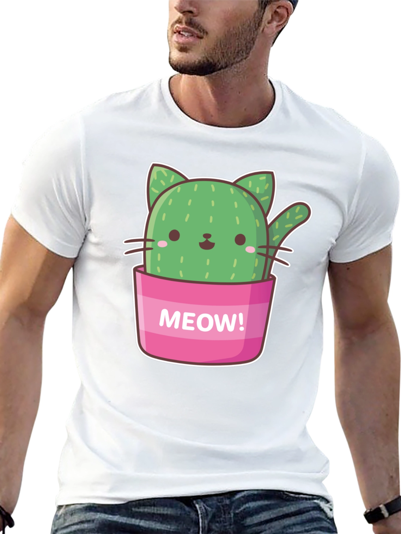 Black Cactus Cat Graphic T-Shirt - "Meow!" Design view 13