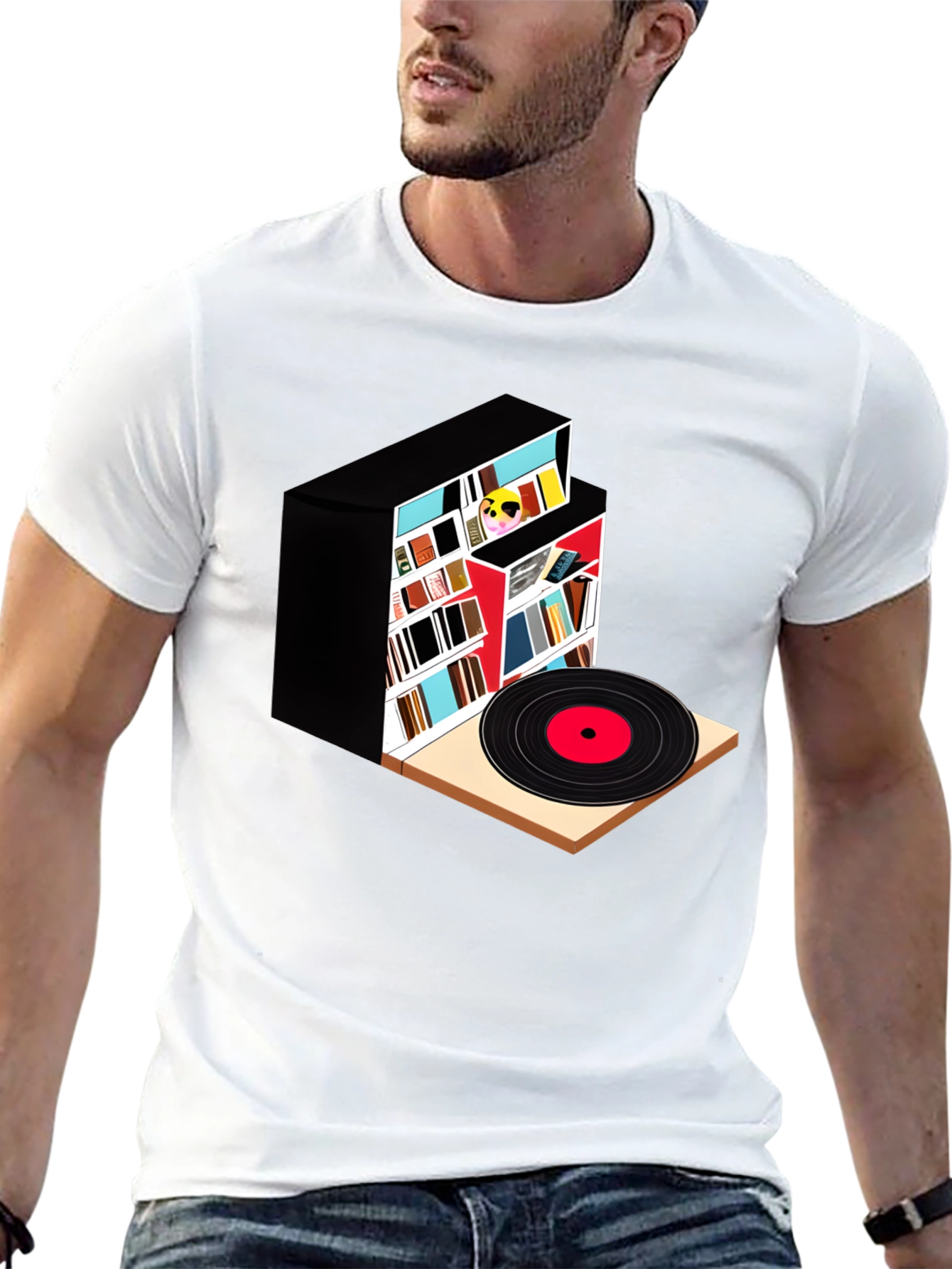Black Bookcase and Vinyl Record T-Shirt view 13