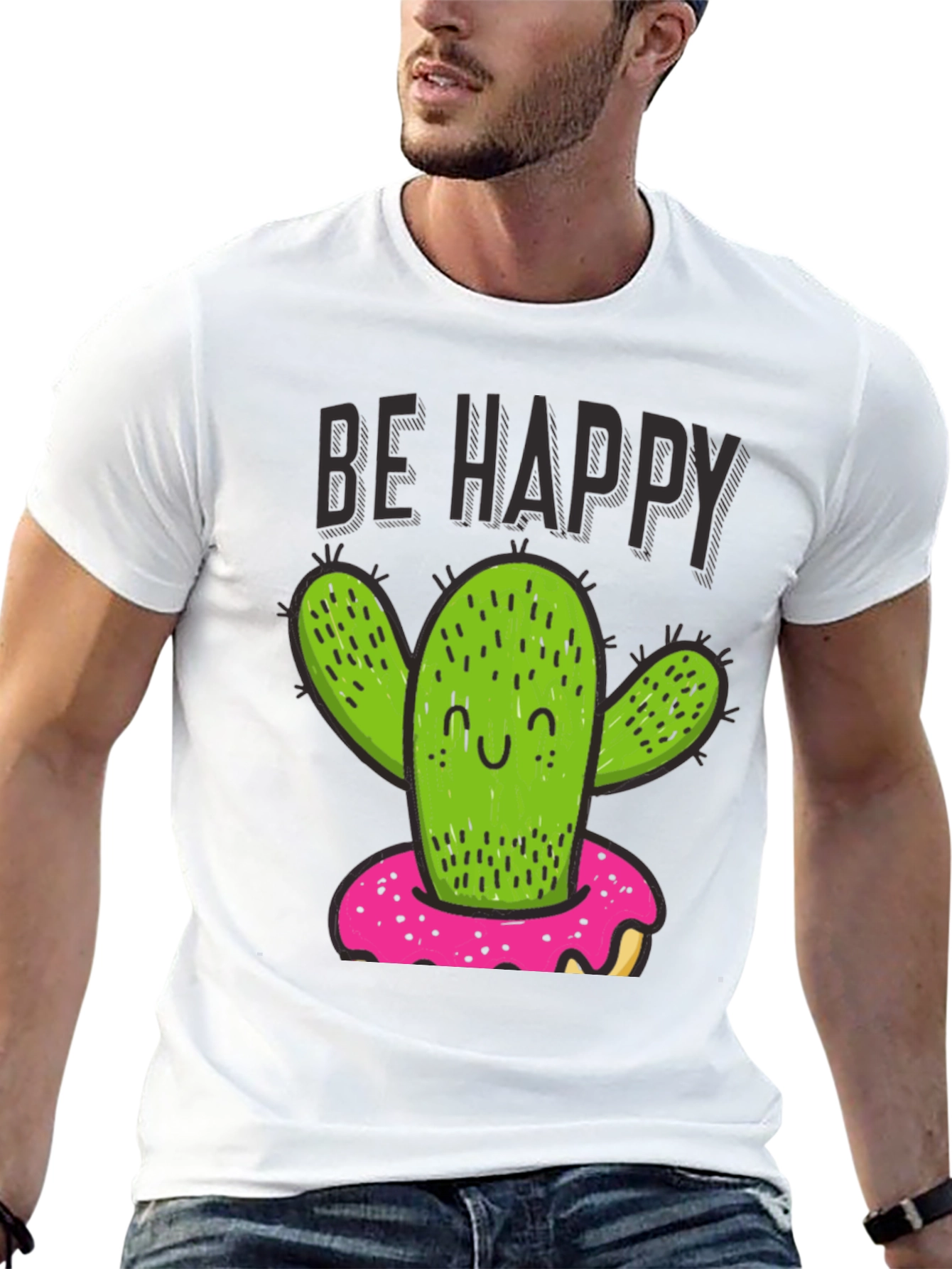 Black Be Happy Cactus Doughnut Graphic T-Shirt view 13