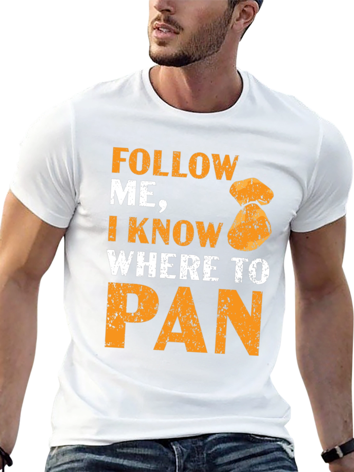 Black Follow Me I Know Where To Pan T-Shirt Gold Panning view 13