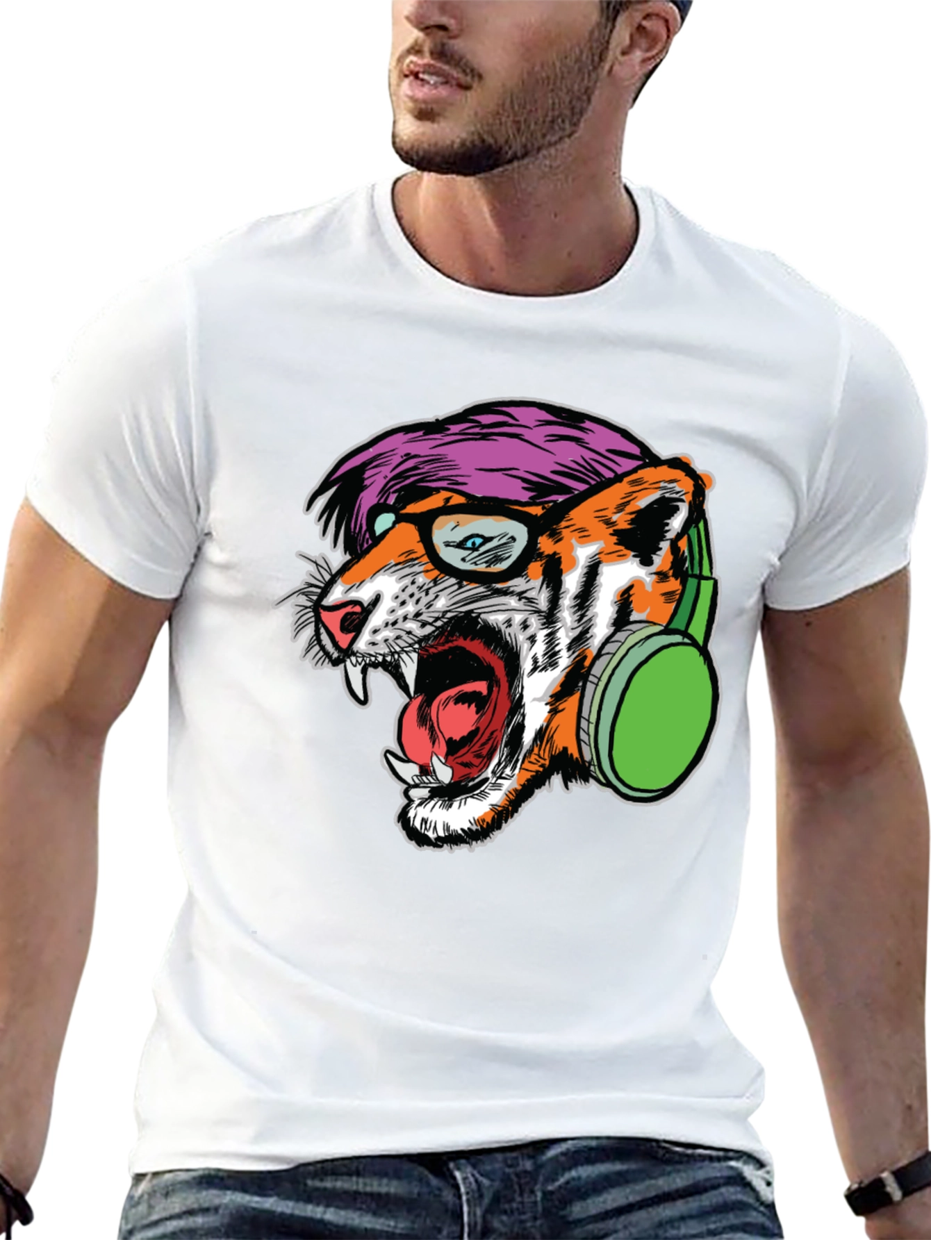 Black Cool Tiger Graphic Tee - Headphones & Glasses view 13