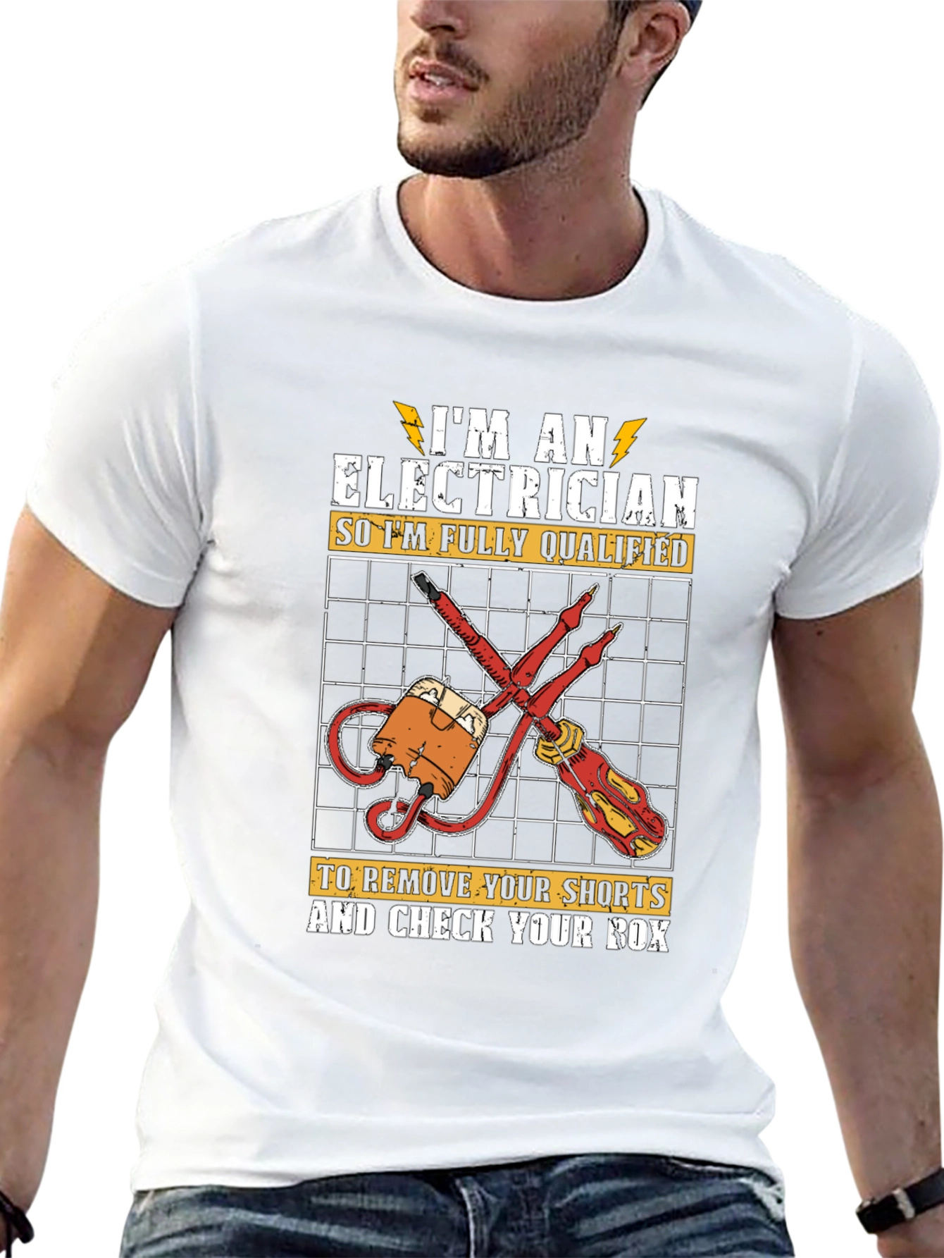 Black Electrician Humor Graphic T-Shirt - Qualified to Check Your Box view 13