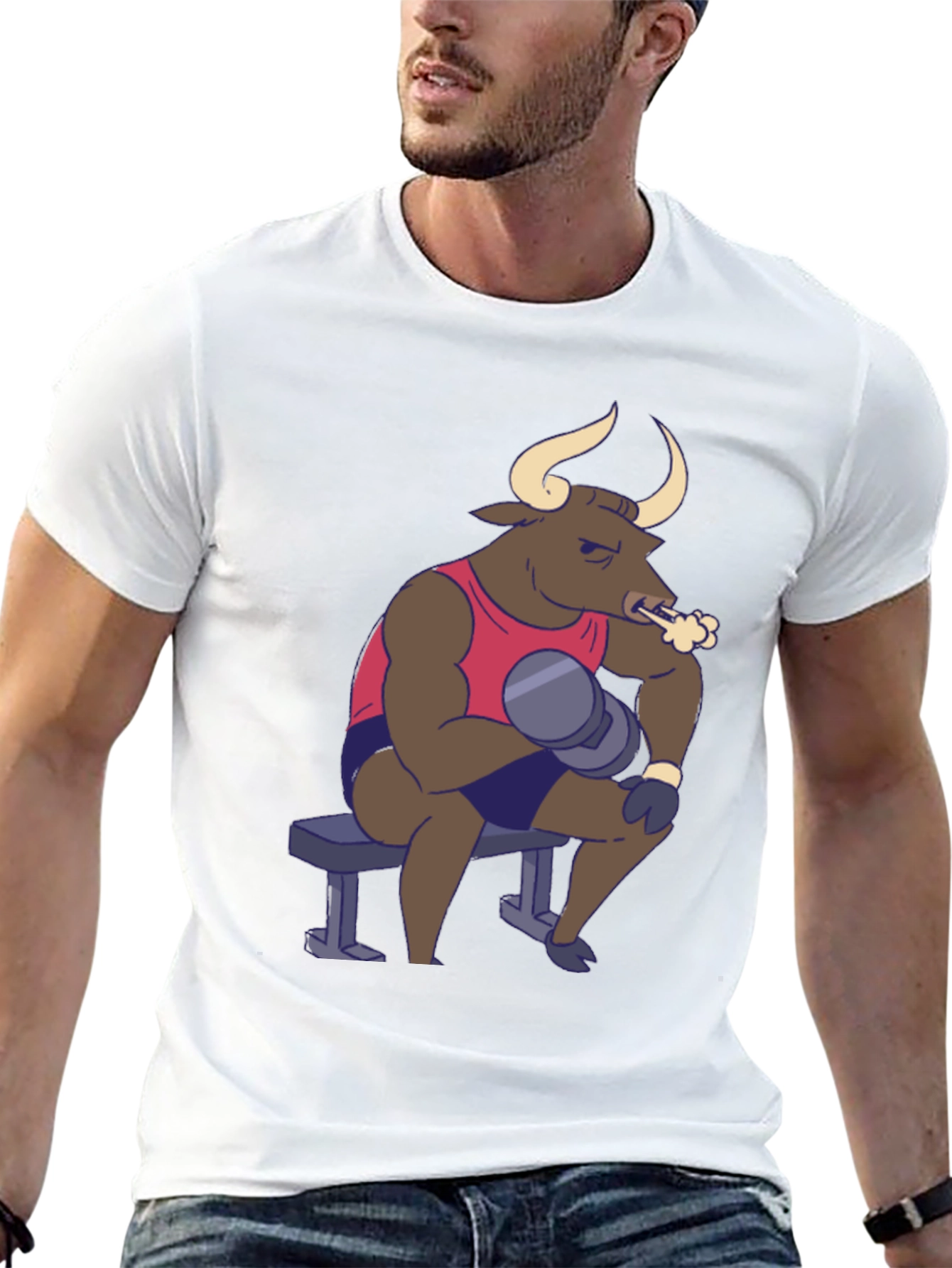 Black Funny Bull Lifting Weights T-Shirt view 13