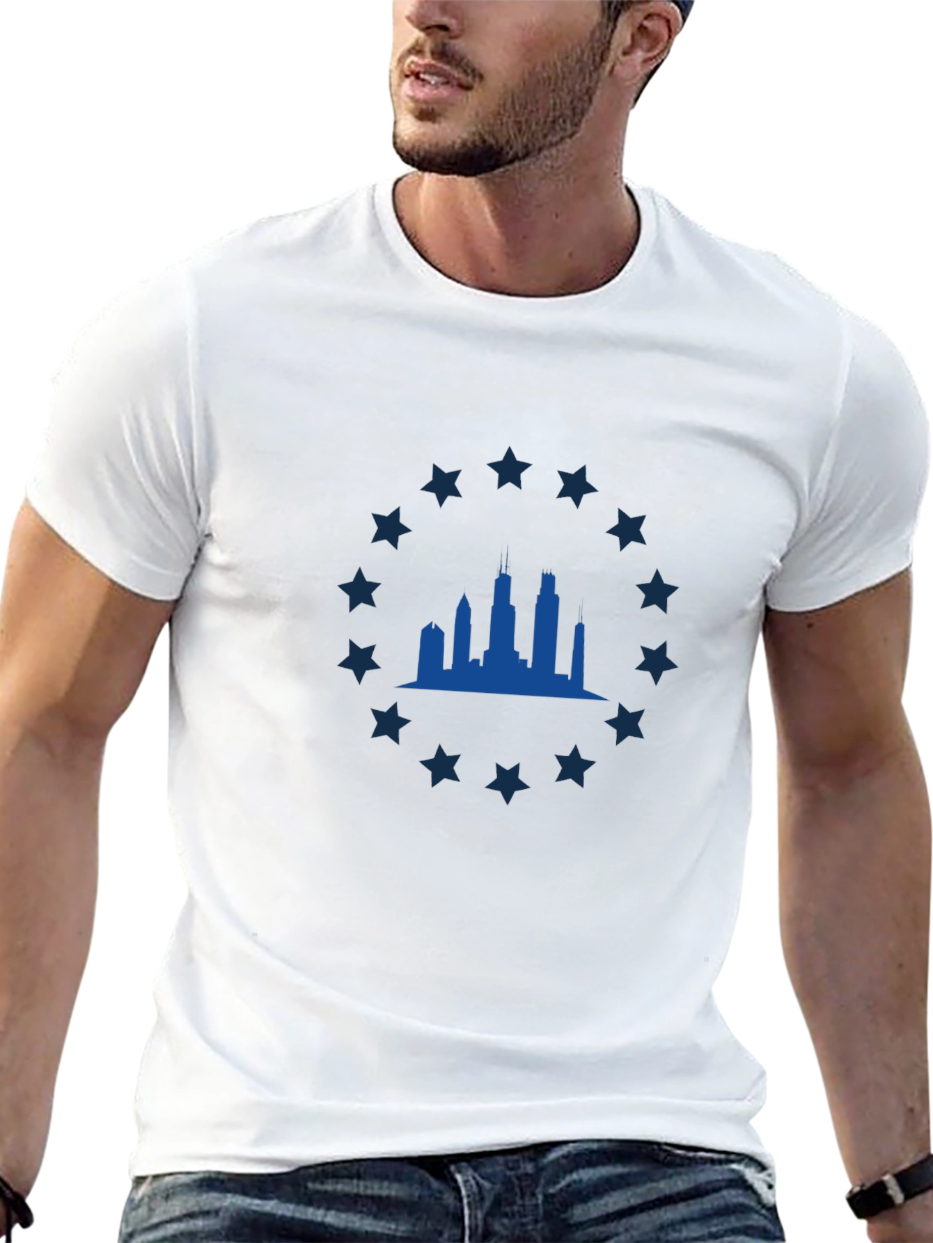 Black Chicago Skyline Star Tee - Classic Black Graphic T-Shirt view 13