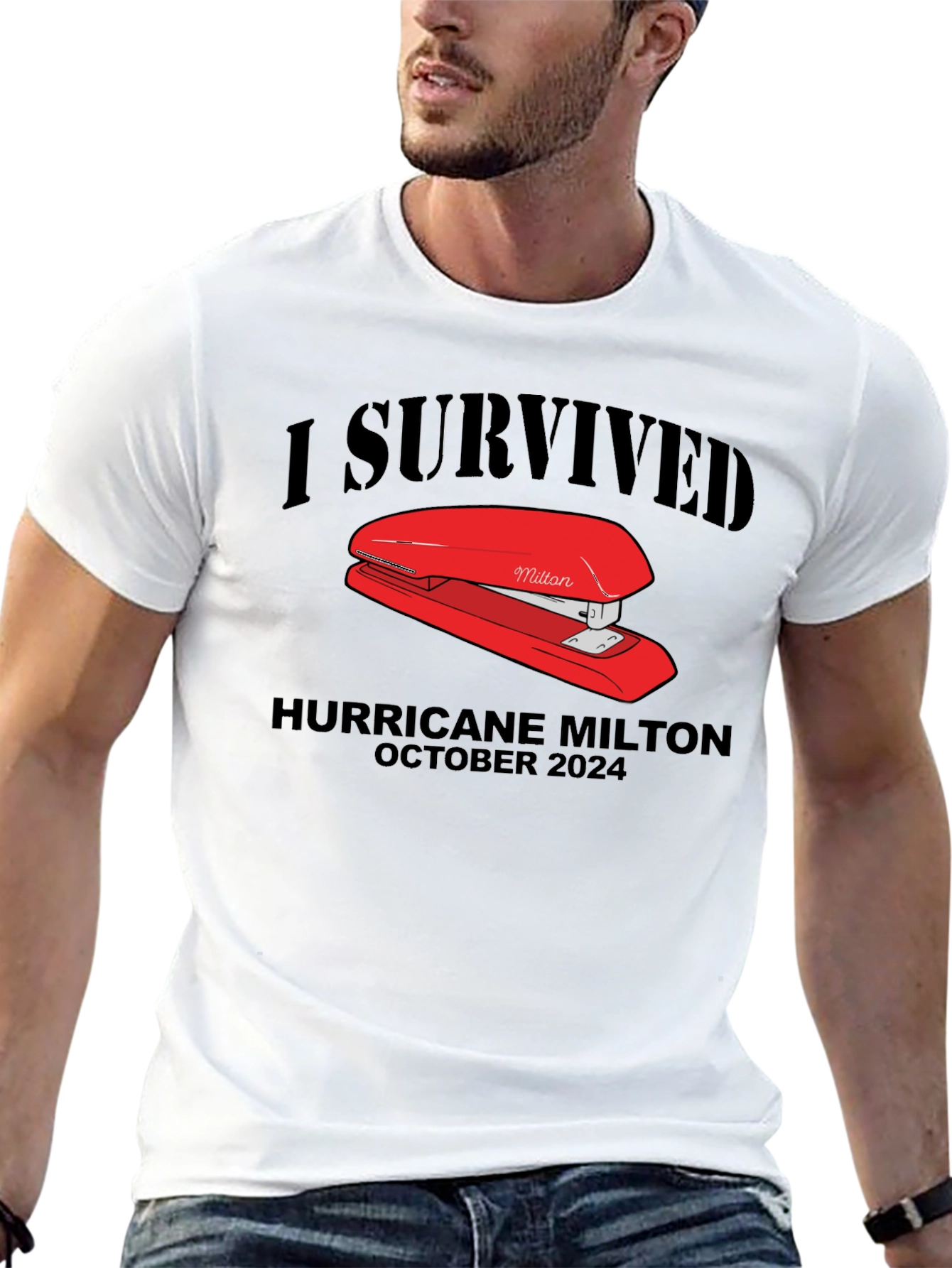Black I Survived Hurricane Milton Stapler Black T-Shirt view 13