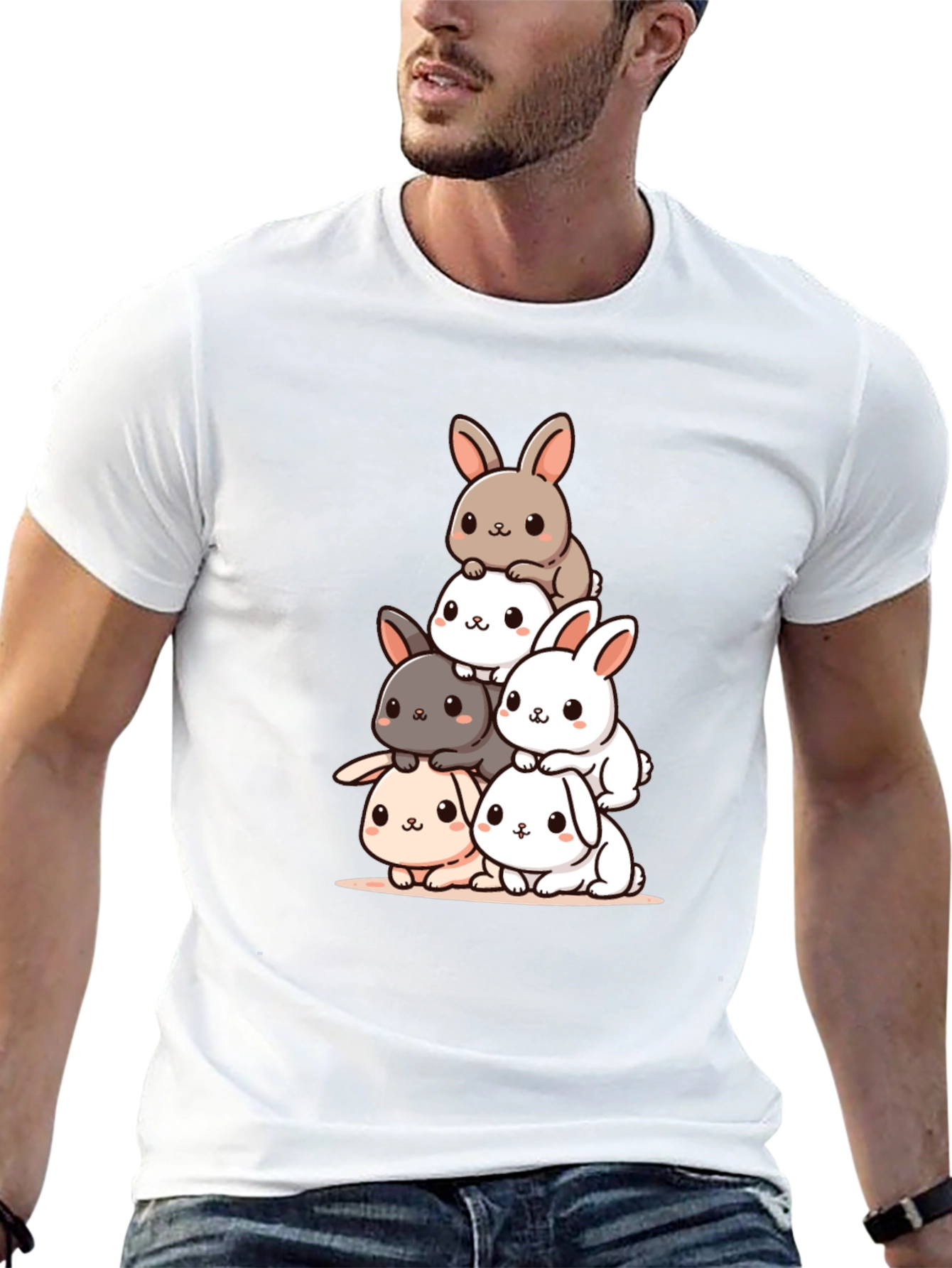 Cute Bunny Stack Graphic Tee - Black Cotton Blend - 13