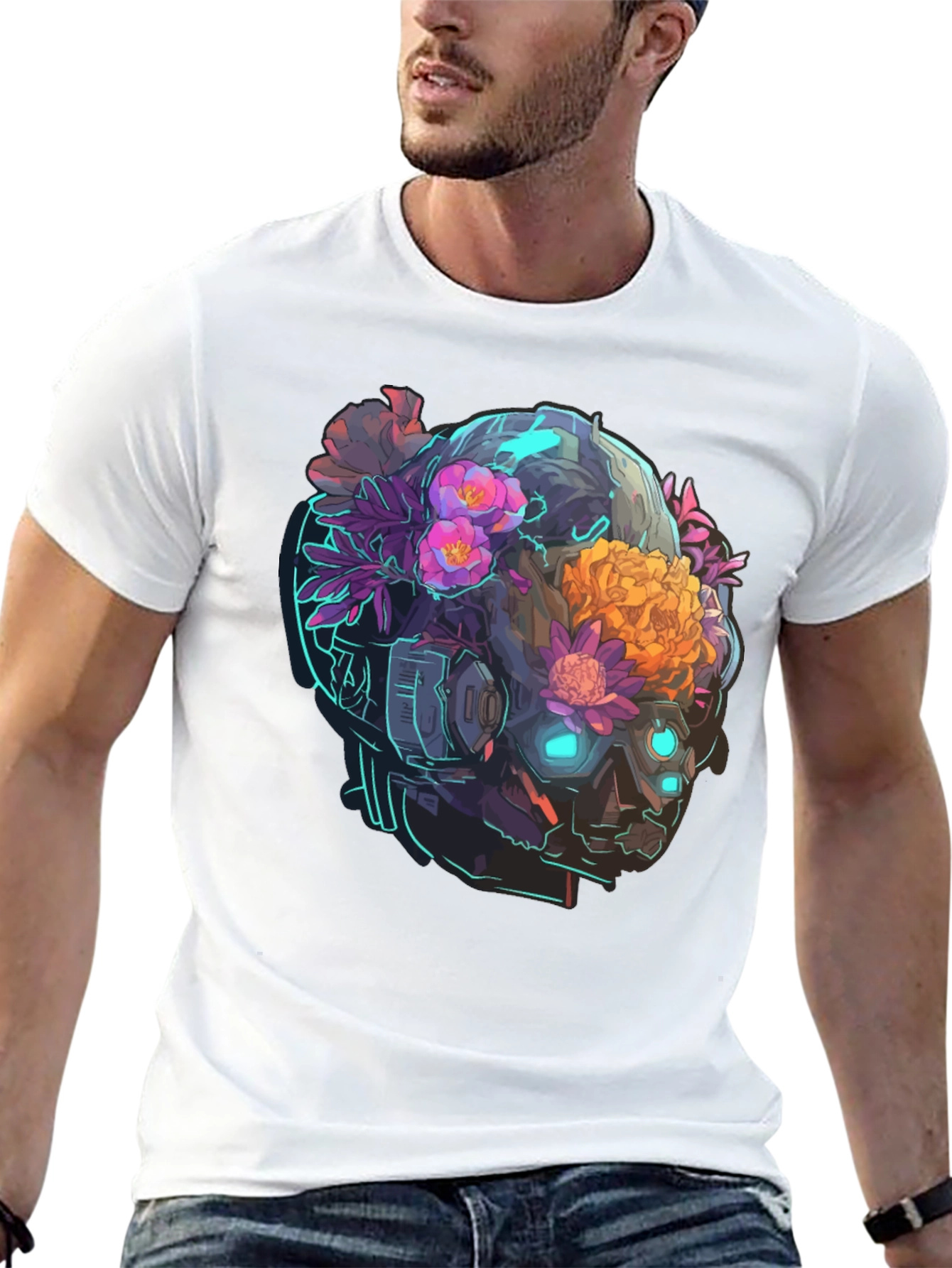 Black Floral Cyberpunk Skull T-Shirt - Unique Graphic Tee view 13